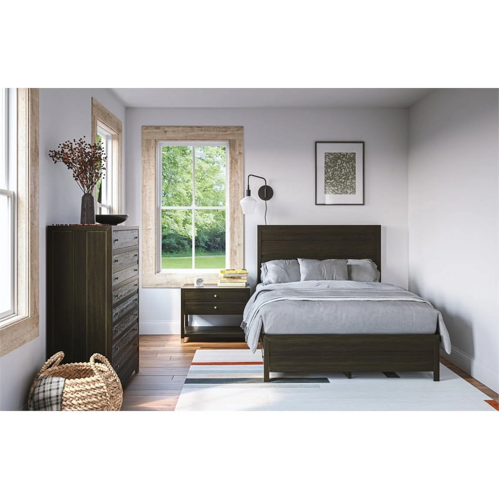 Home Square 2-Piece Set with Queen Framed Bed and Drawer Chest in Dark Brown