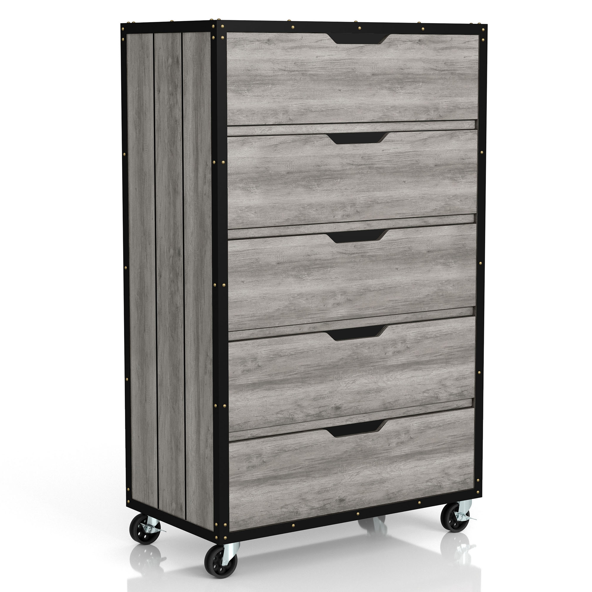Furniture of America Birch Industrial 5-Drawer Dresser with Casters Wheels, Vintage Gray Oak Finish