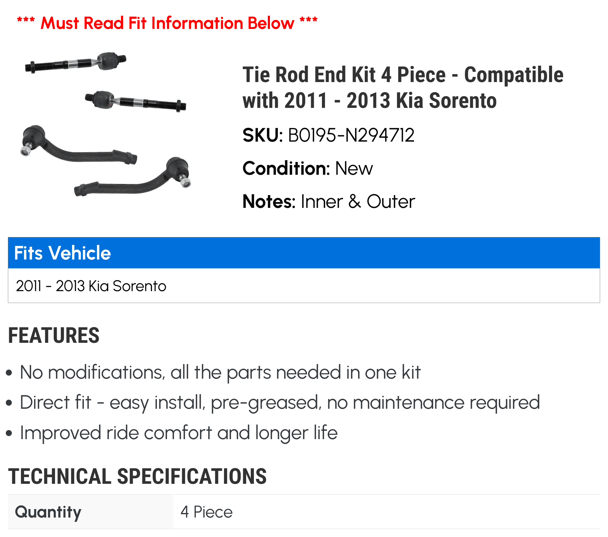 Tie Rod End Kit 4 Piece - Compatible with 2011 - 2013 Kia Sorento 2012