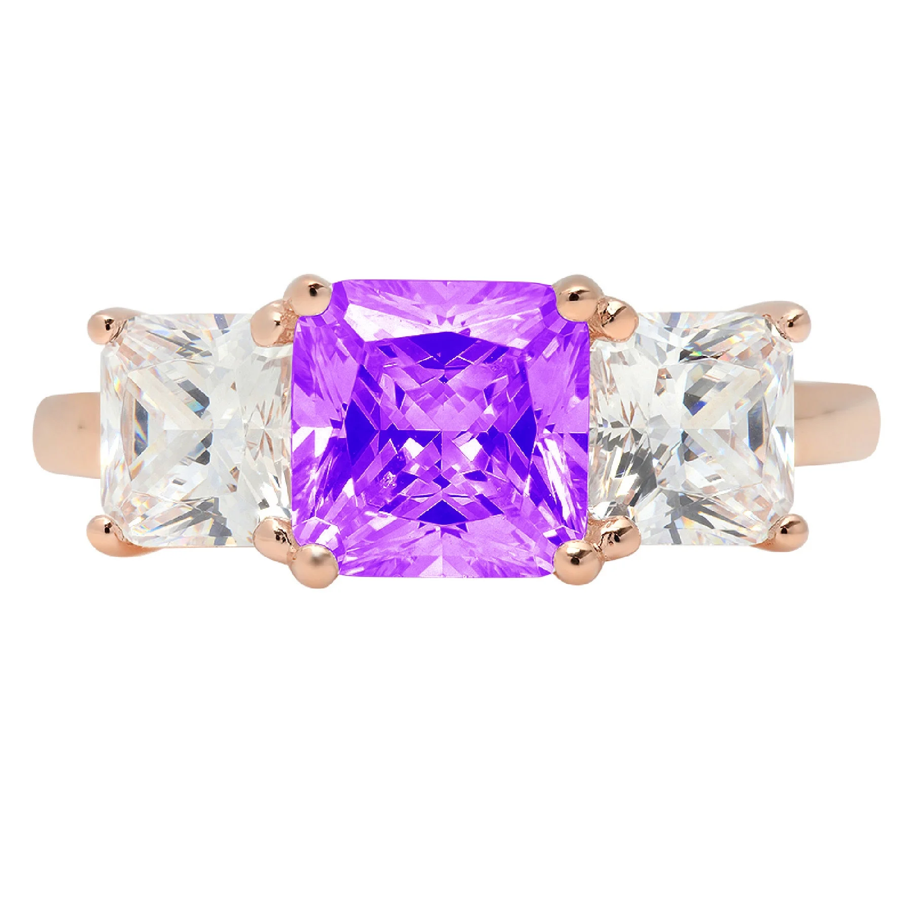 4.0 ct Brilliant Square Emerald Cut Clear Simulated Diamond 18K Rose Gold Three-Stone Ring SZ 6.75