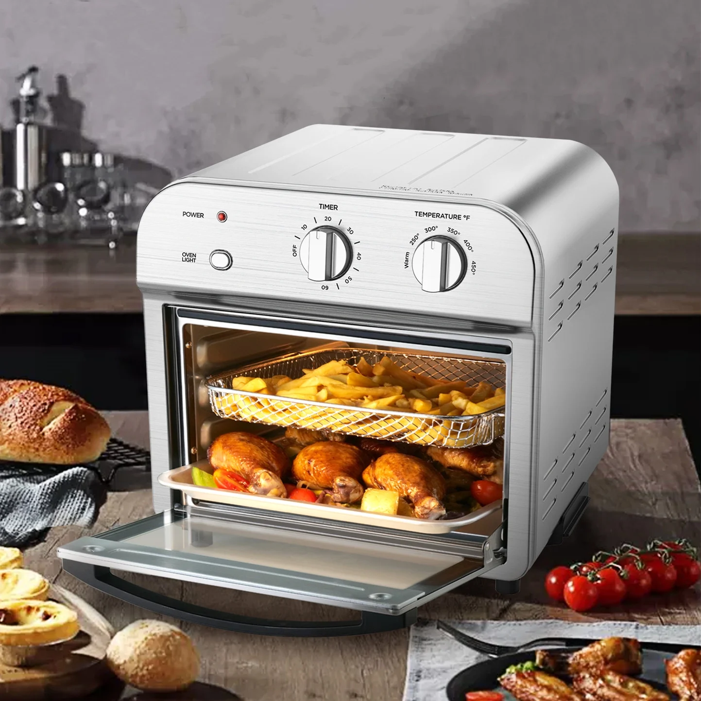 11Qt/1500W Air Fryer Oven, 10 Liter Air Fryer Toaster Oven Combo with Roast, Bake, Broil, Reheat, Fry Oil-Free, Accessories Included, Easy Clean, Stainless Steel