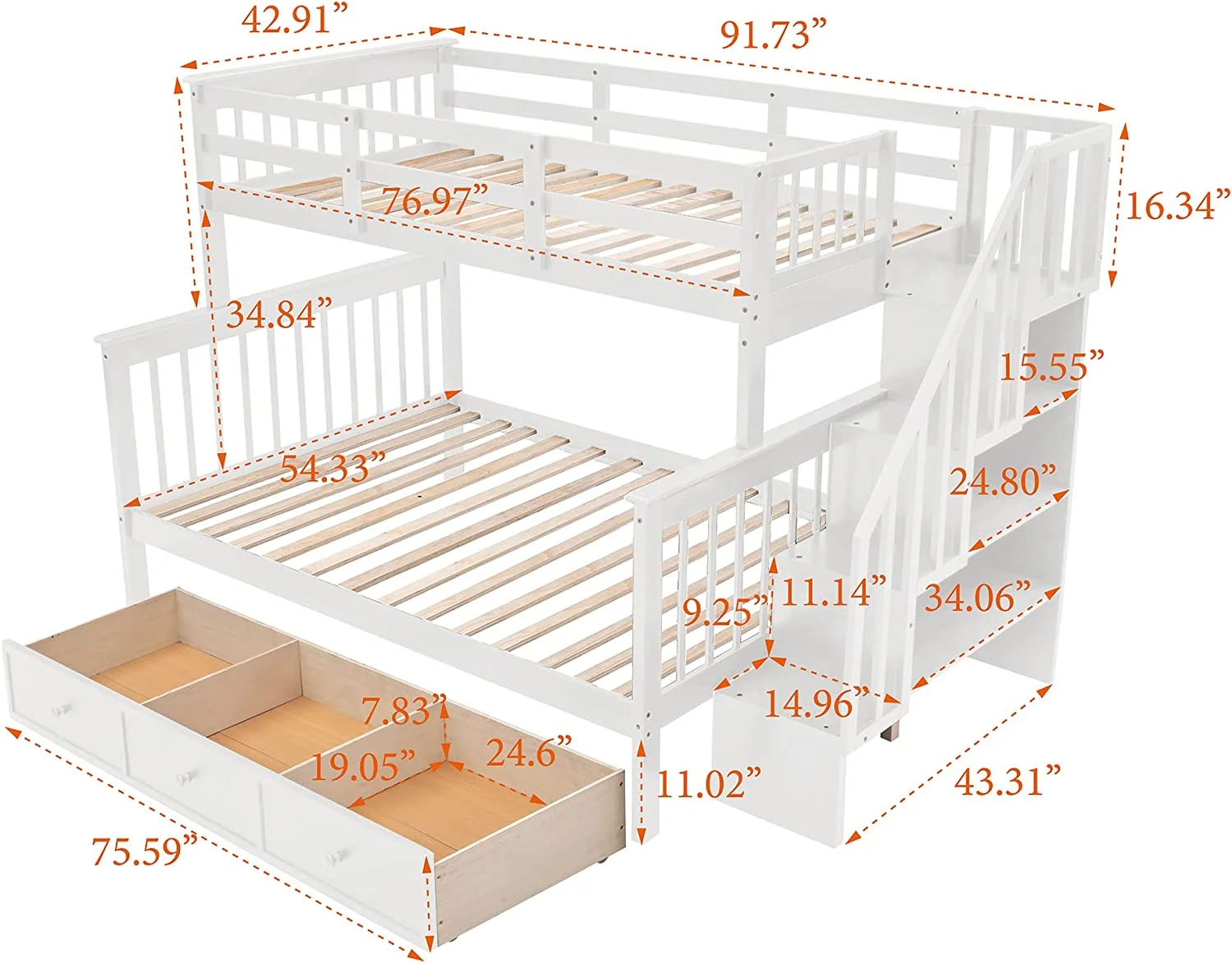 Over Full Bunk Bed With Stairs, Solid Wood Stairway Bunk Bed With Storage Drawers For Kids Teens Adults, Bedroom, Dorm (White)