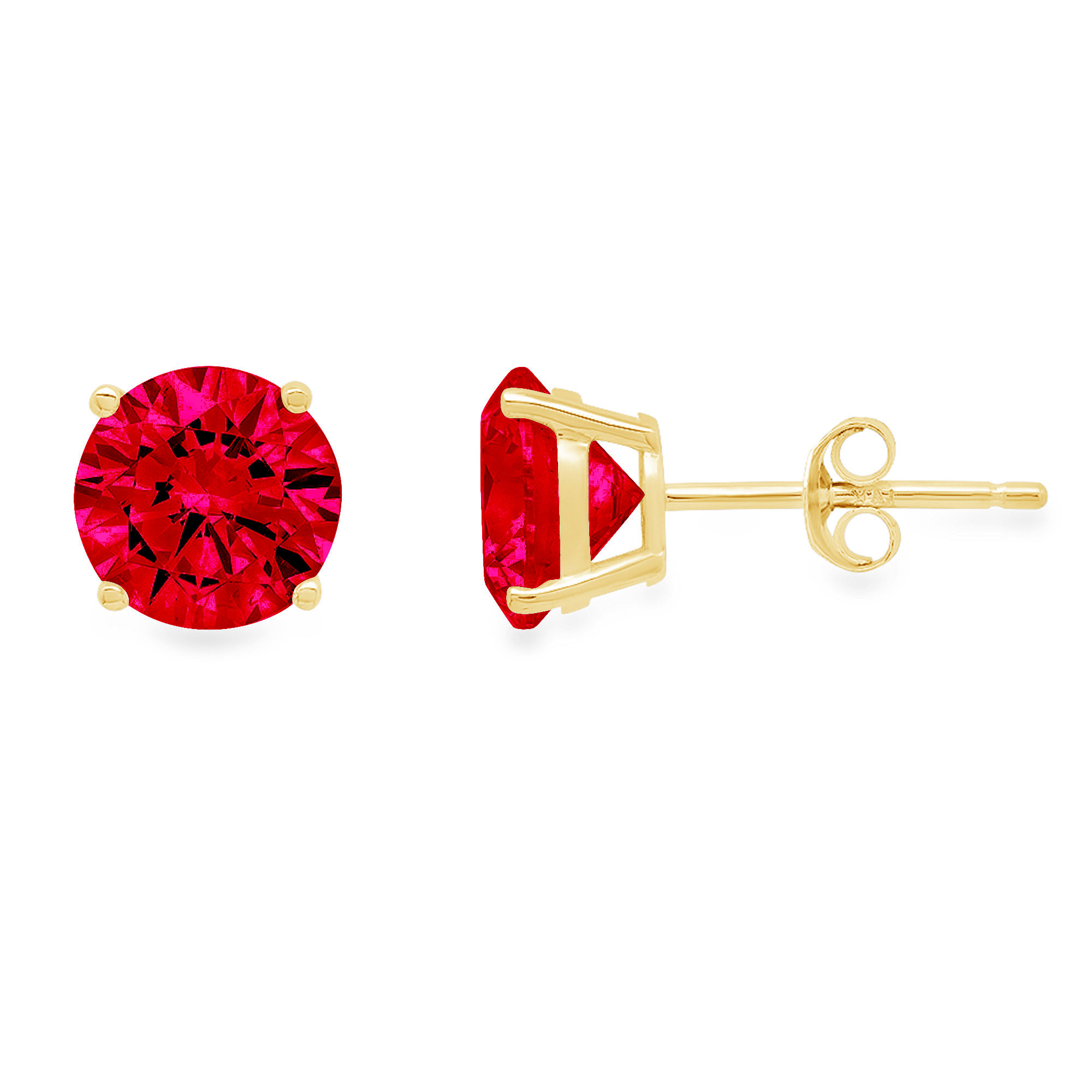 Clara Pucci 1 ct Brilliant Round Cut Solitaire Studs VVS1 Genuine Conflict free Red Simulated Ruby Real Stamped Solid 14K Yellow Gold Earrings Push Back