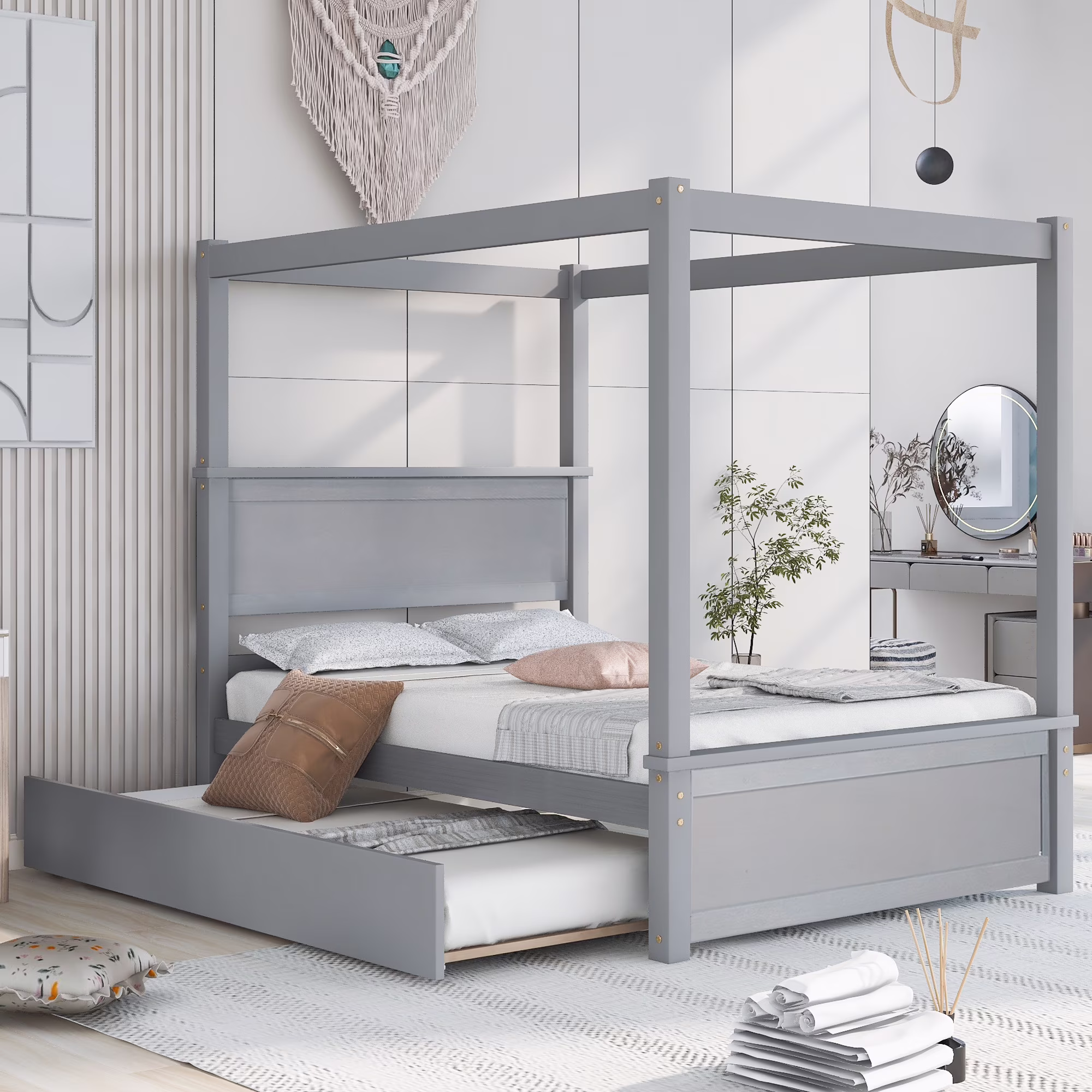 Abanopi Wood Canopy Bed with Trundle Bed ,Full Size Canopy Platform bed With  Support Slats .No Box Spring Needed, Gray