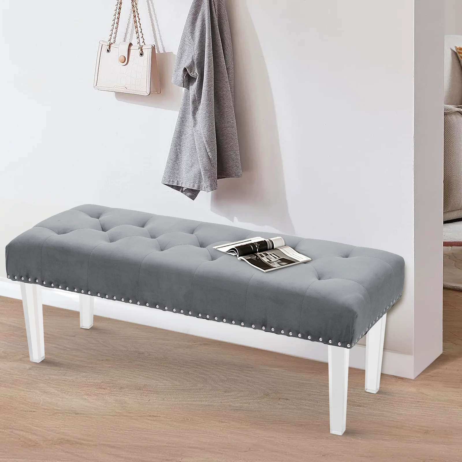Magshion Tufted Velvet Ottoman, Entryway Wooden Stand Upholstered Seat Shoe Stool, Bedroom End of Bed Bench, Home Microfiber Fabric Footstool, Grey