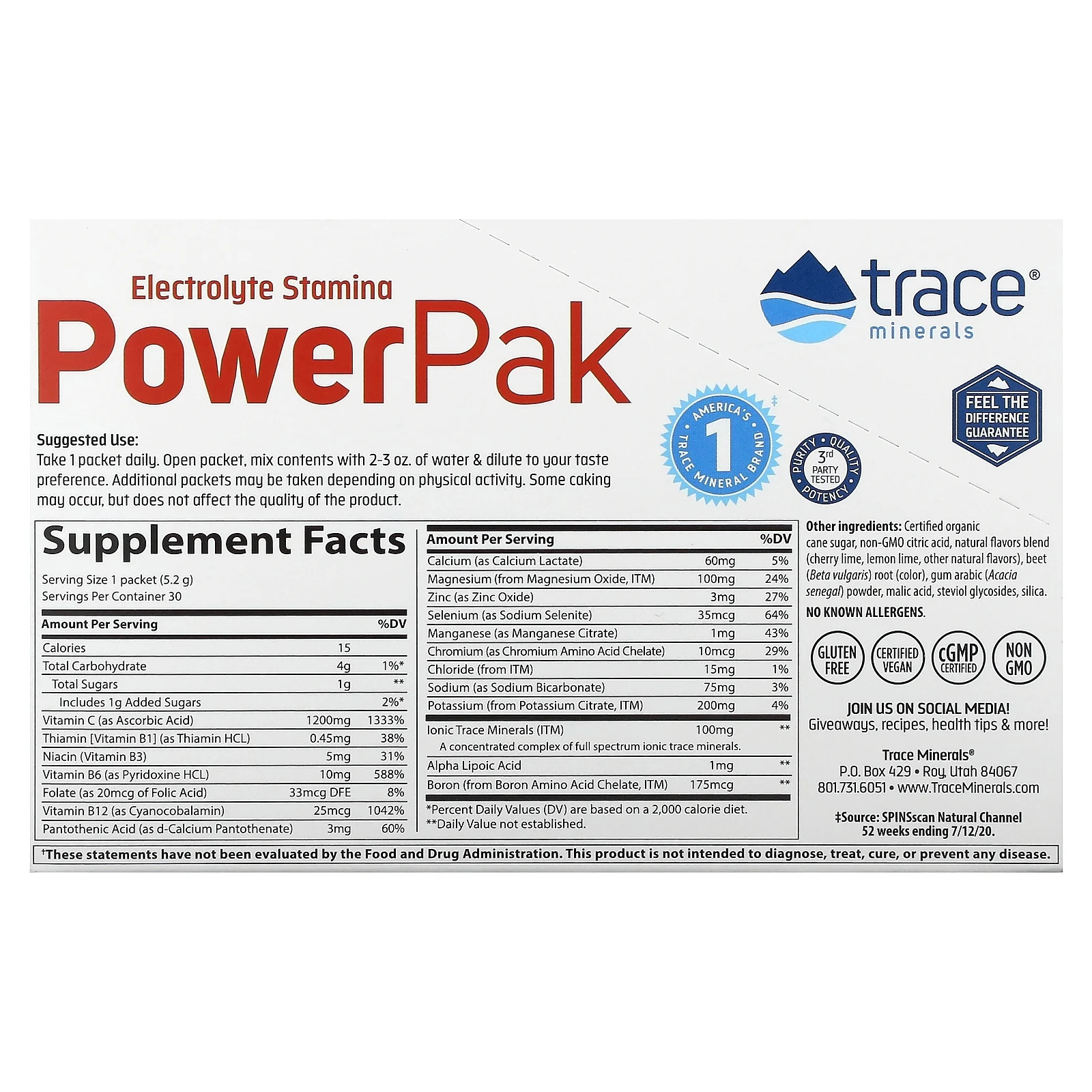 Trace Minerals | Power Pak Electrolyte Powder Packets | 1200mg Vit C | Cherry Lime | 156g 30 Packets