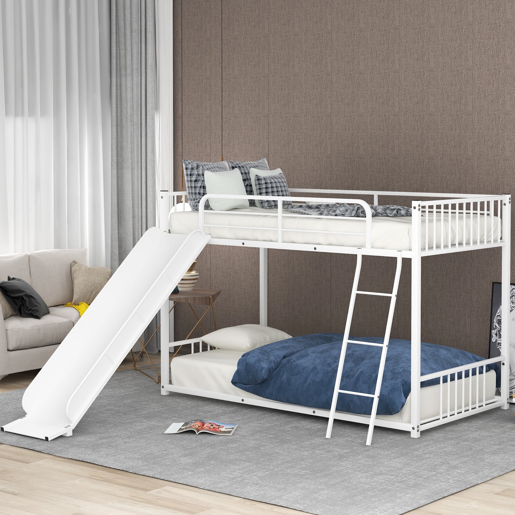 Nestfair White Twin over Twin Metal Bunk Bed with Slide