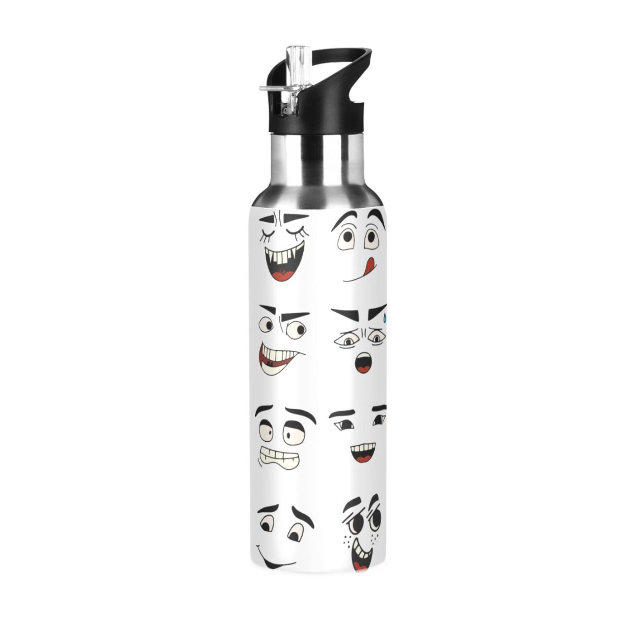Water Bottle with Straw Lid Leak Cartoon Faces Stainless Steel Insulated Thermos Vacuum Flask for Cold Hot Drinking for Sports Camping Gym Yoga