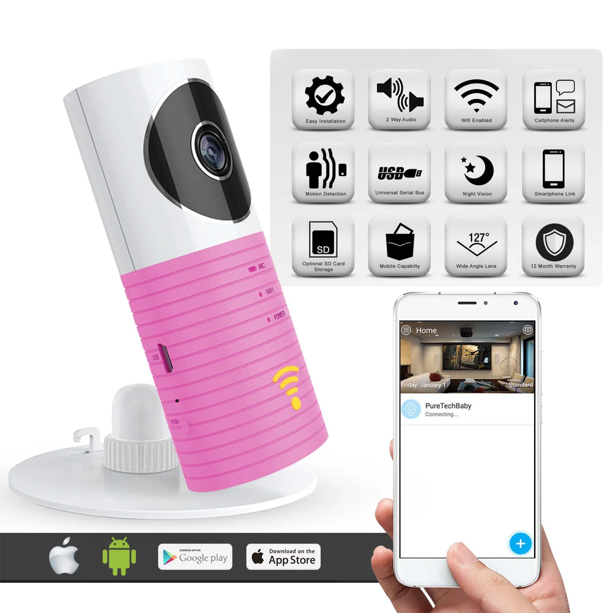 IMAGE Wireless 1080P HD IP Home Wireless Security Camera Smart WiFi CCTV Camera Video Baby Monitor Camera,Pink