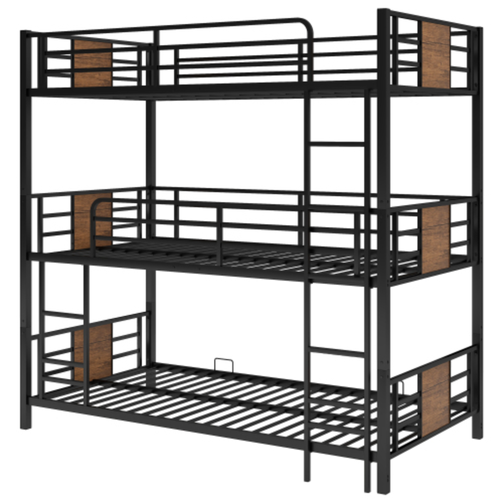 Twin Size Triple Metal Bunk Bed, with Wood Decoration Headboard and Footboard, Brown
