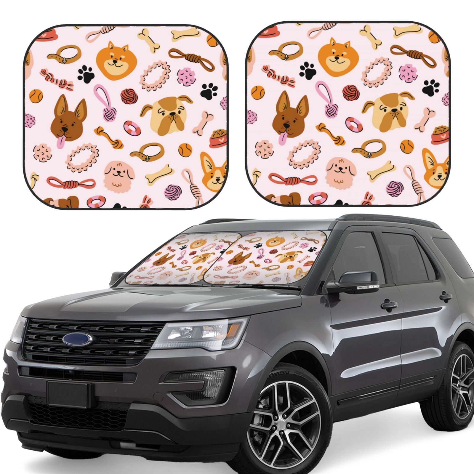 Lukts Cute Dog Print 2 Piece Car Sun Shade Windshield,Foldable Car Shade Front Windshield With Keeps Your Vehicle Cool, For Most Sedans Suv And Trucks - Small