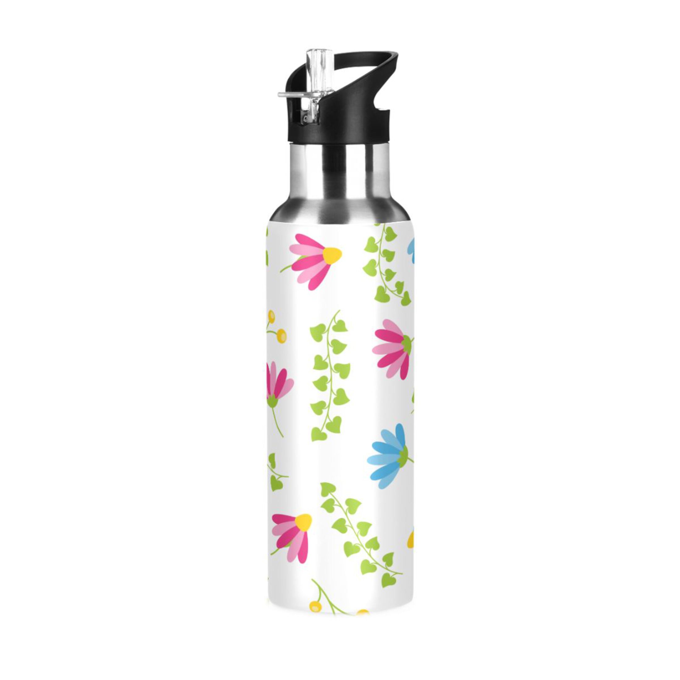 Water Bottle with Straw Lid Leak Pink Floral Green Leaves Stainless Steel Insulated Thermos Vacuum Flask for Cold Hot Drinking for Sports Camping Gym Yoga