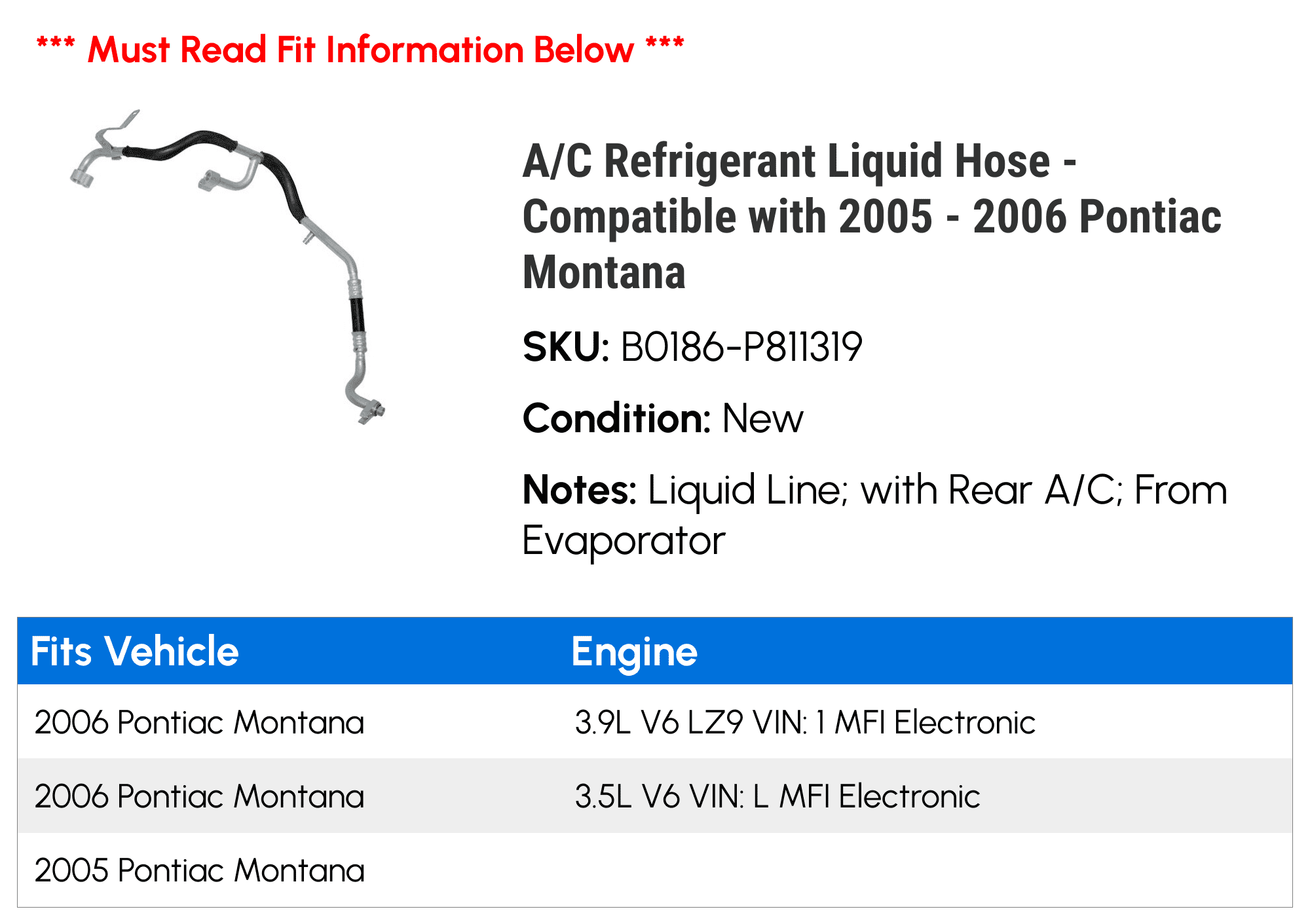 A/C Liquid Hose - Compatible with 2005 - 2006 Pontiac Montana