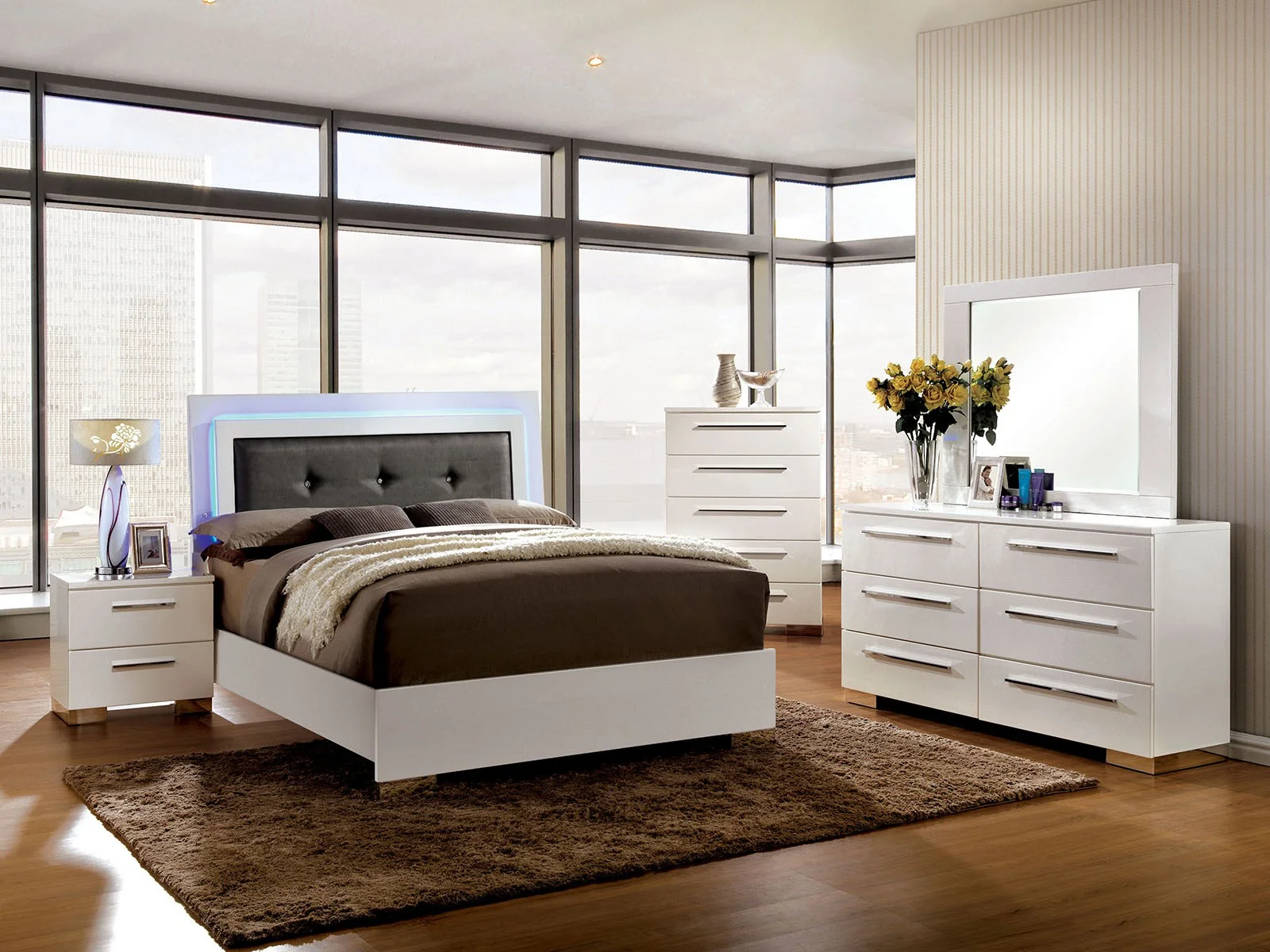 White Glossy Contemporary Queen Size Bed Dresser Mirror Nightstand Lacquer Coating Bedroom Furniture 4p Set