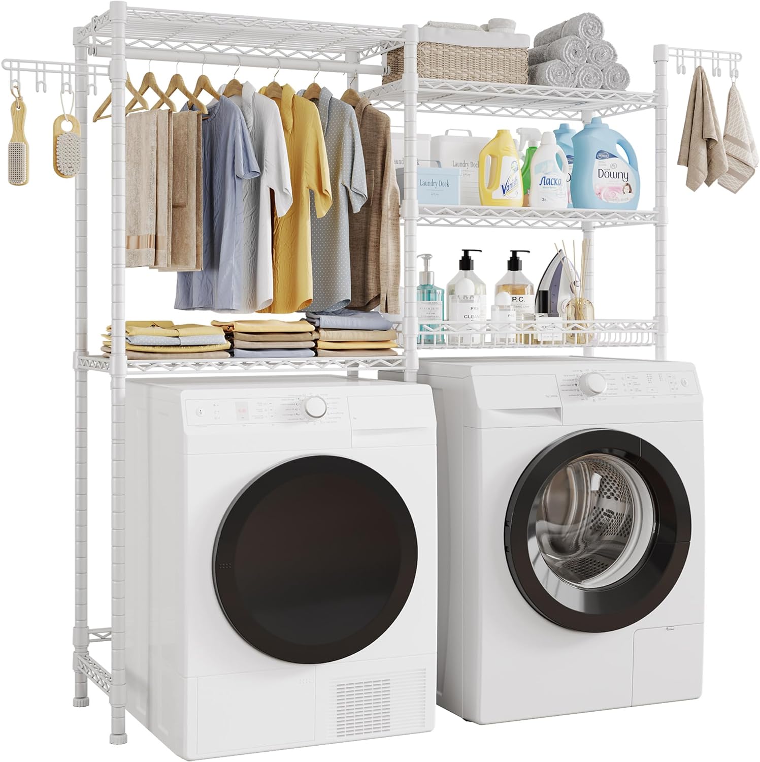 FJU H6 Pro Over the Washer and Dryer Storage Shelf, Laundry Room Organization Storage with Adjustable Shelves & Wire Basket, Over Washer Storage With Clothes Drying Rack and Hook, Large Size,White