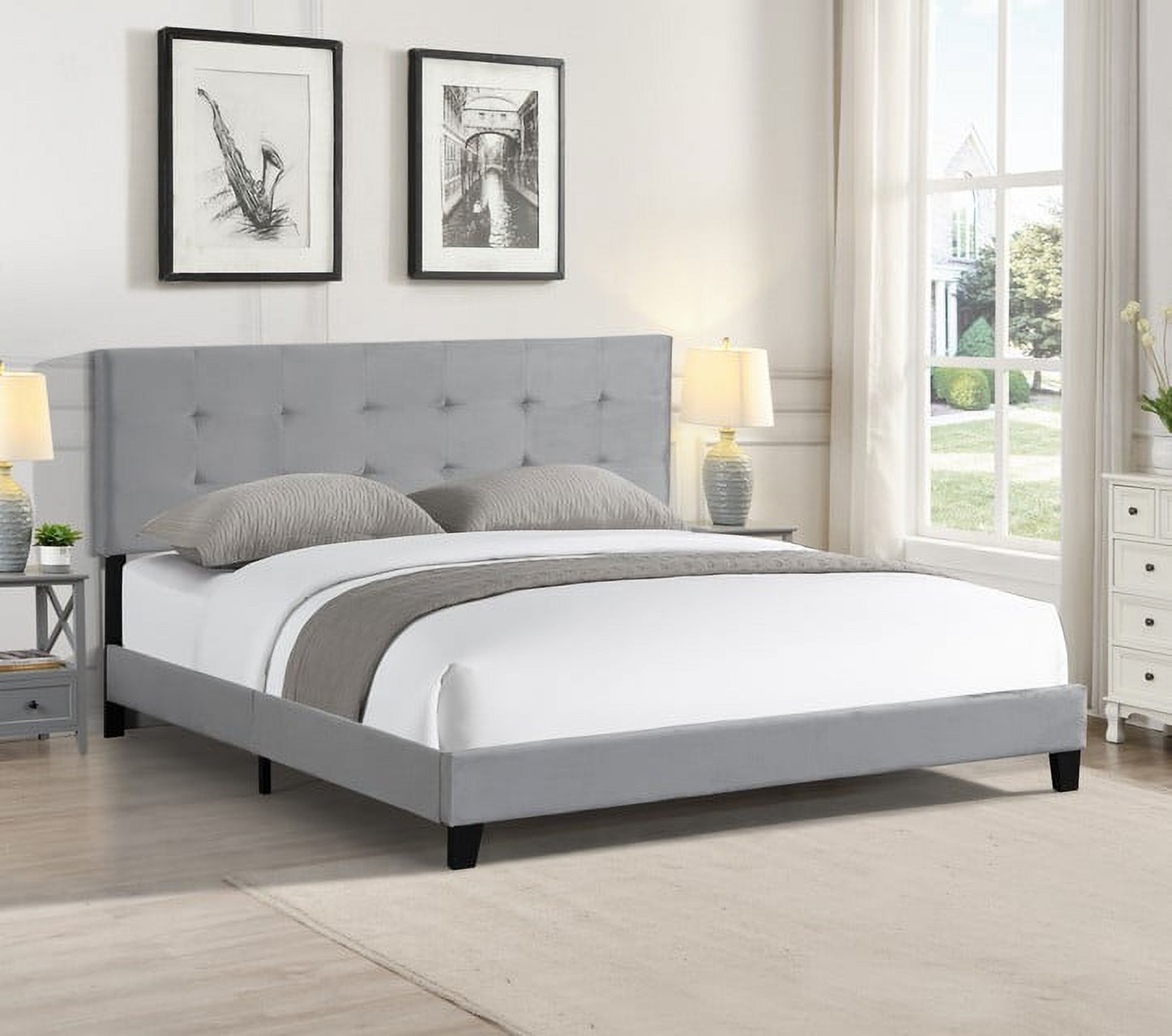 King Size Upholstered Platform Bed Frame with pull point Tufted Headboard, Strong Wood Slat Support, Mattress Foundation, No Box Spring Needed,\n\nEasy Assembly, Gray