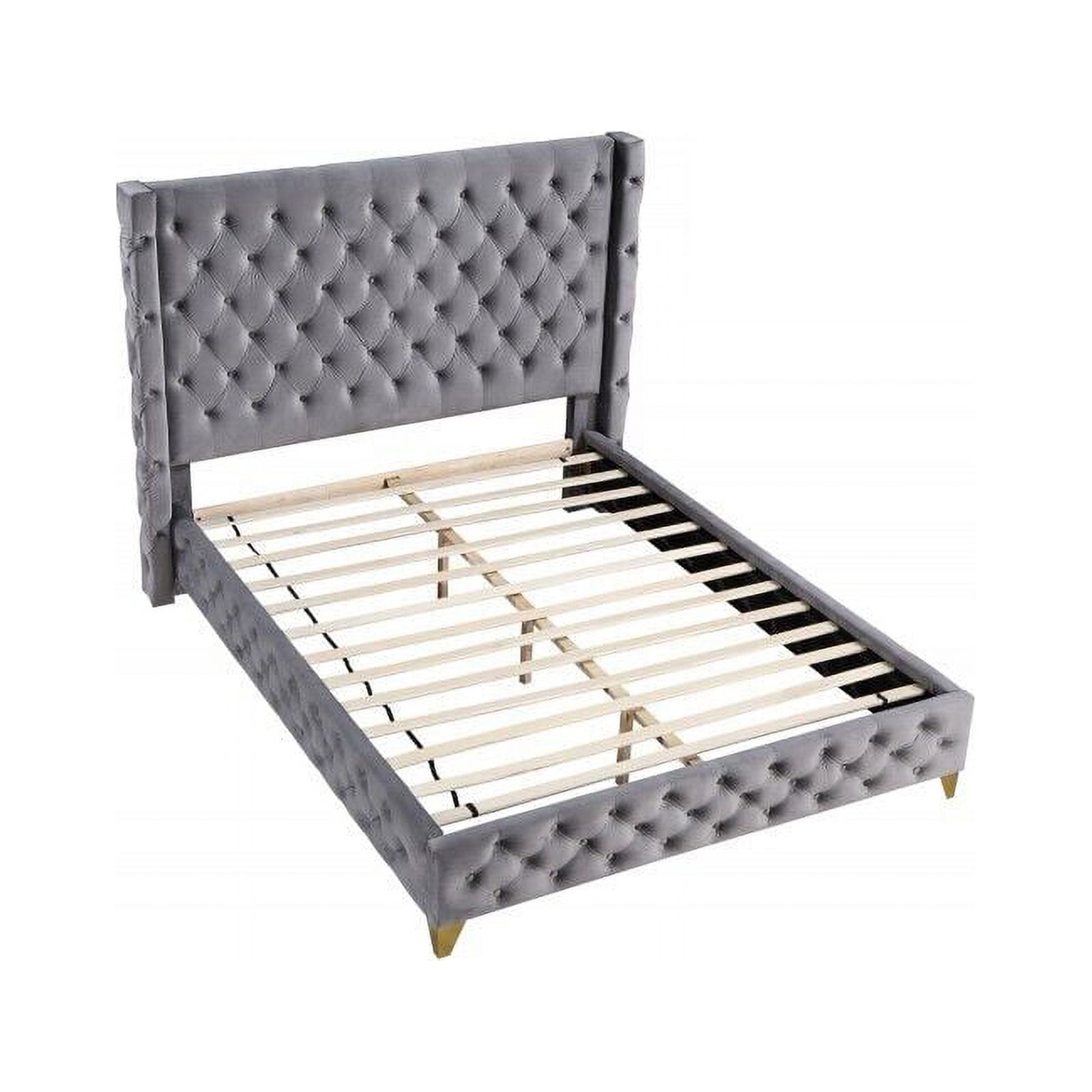 Contemporary King Platform Bed 1pc Gray Velvet Upholstered Fully Button Tufted Modern Bedroom Furniture
