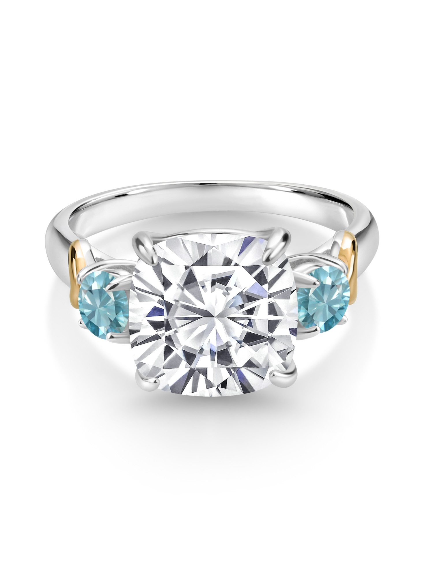925 Silver and 10K Yellow Gold White Moissanite from Charles & Colvard and Blue Zircon 3 Stone Ring For Women (6.00 Cttw, Gemstone Birthstone, Cushion 10MM, Round 4MM, Available In Size 5, 6, 7, 8, 9)
