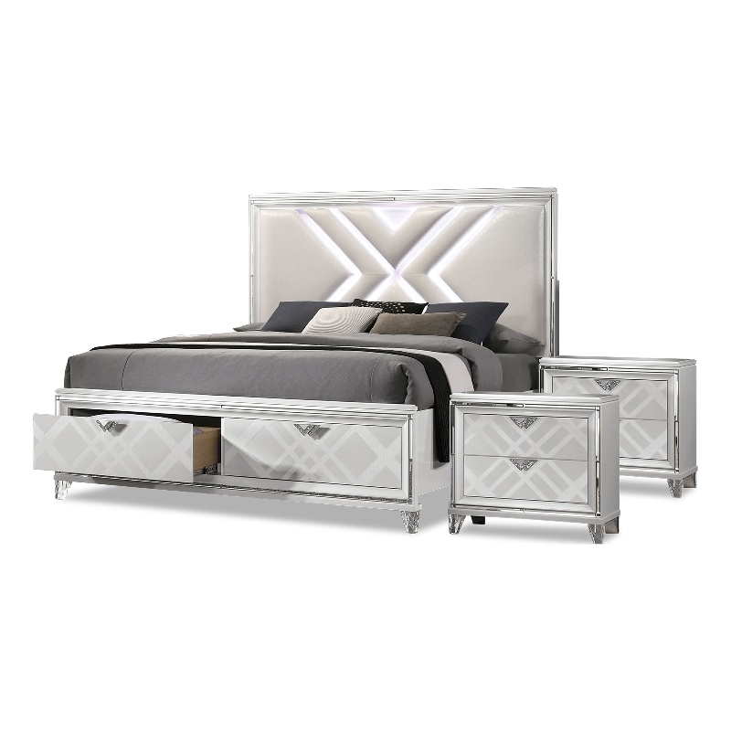 FOA Anaiya 3-Piece Contemporary Wood King Storage Bed Set in White