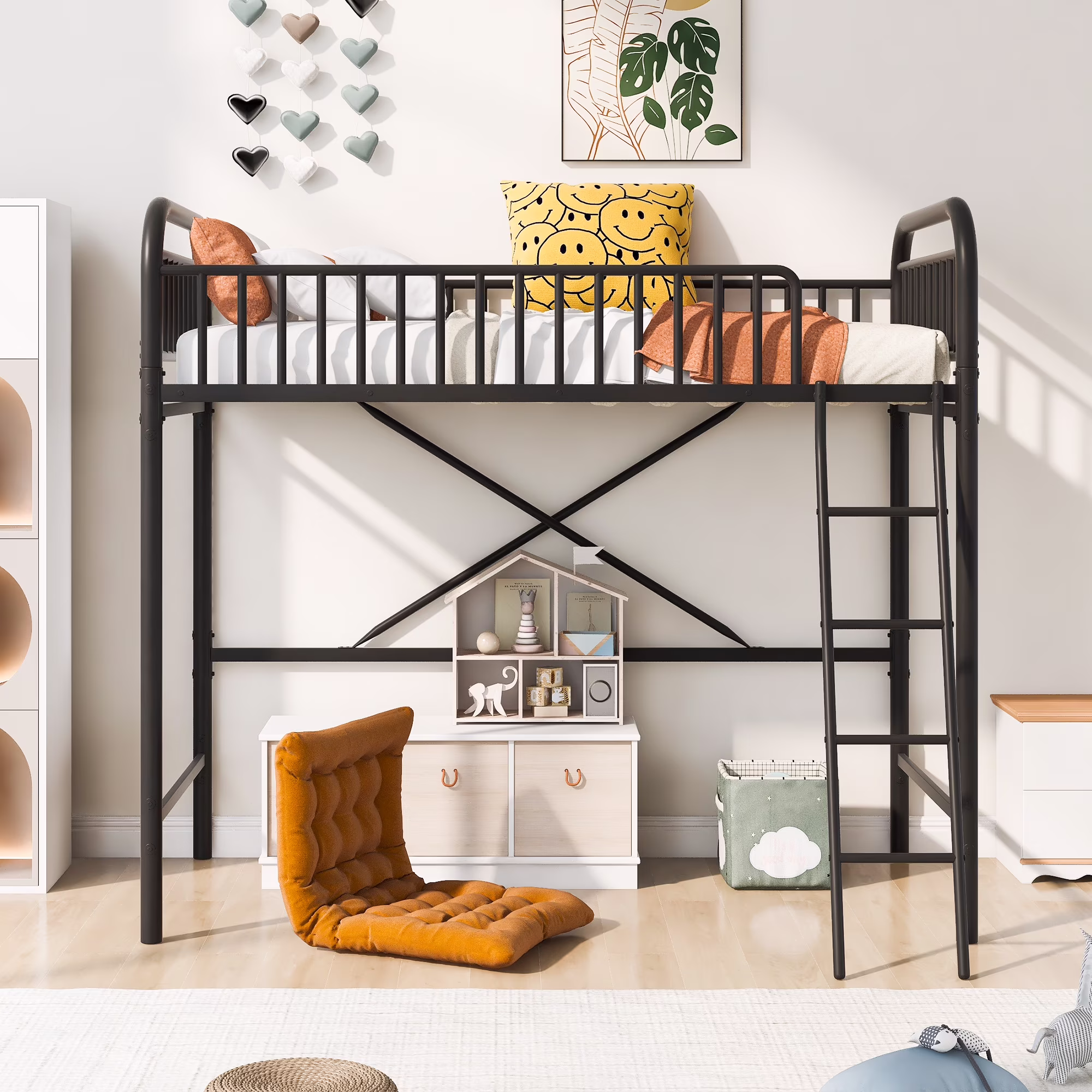 EUROCO Twin Metal Loft Bed with Ladde for Kids, Black