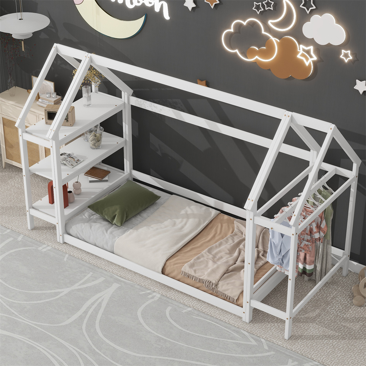 Twin Size House Bed with Storage Shelf and Hanger, Wooden Twin Platform Bed Frame with Roof, White