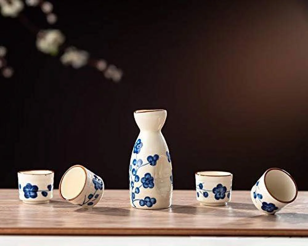 TJ Global 5-Piece Sake Set, Durable Ceramic Japanese Sake Set with 1 Carafe/Decanter/Tokkuri Bottle and 4 Ochoko cups for Hot or Cold Sake at Home or Restaurant - White with Blue Flowers