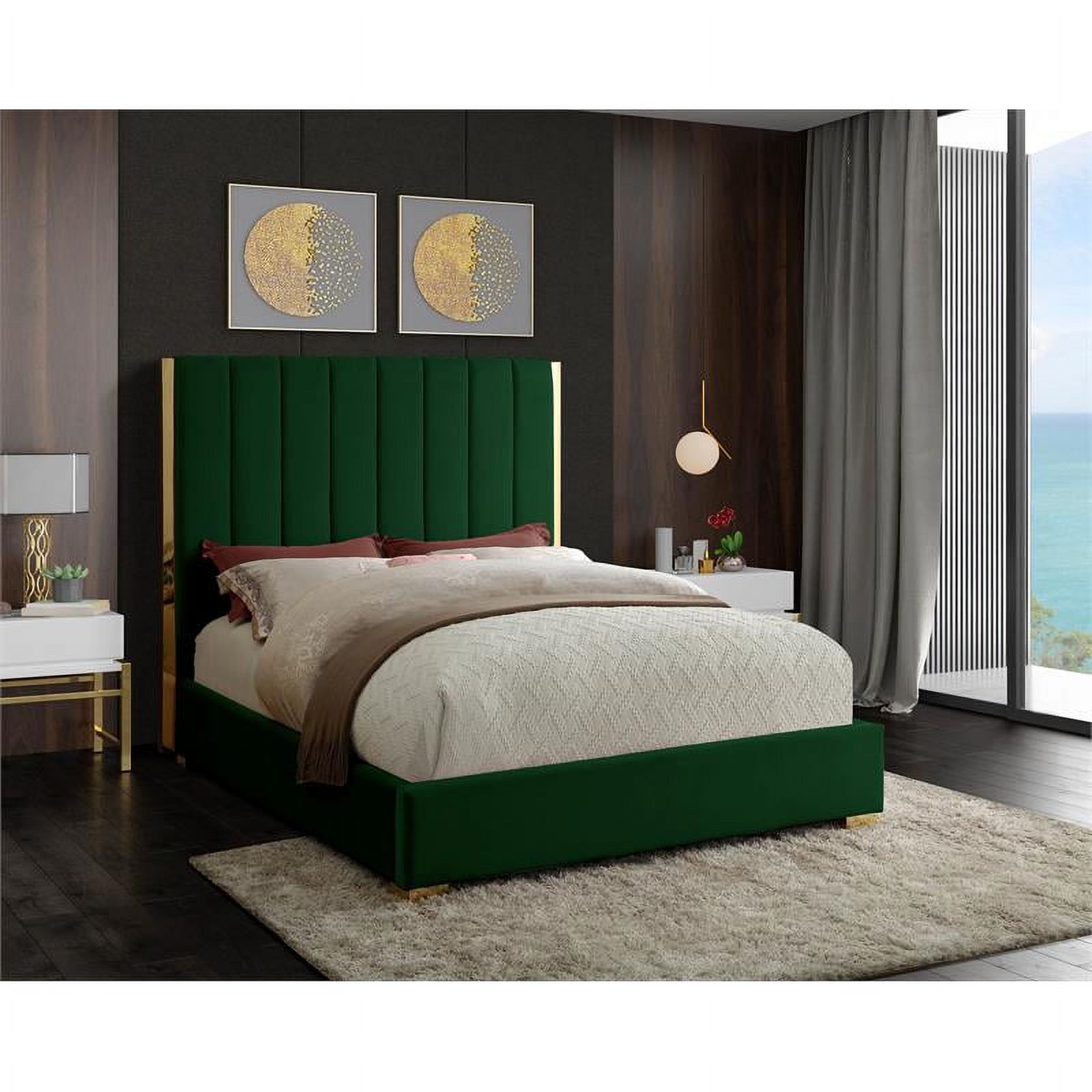 Maklaine Contemporary Metal and Velvet King Bed in Green