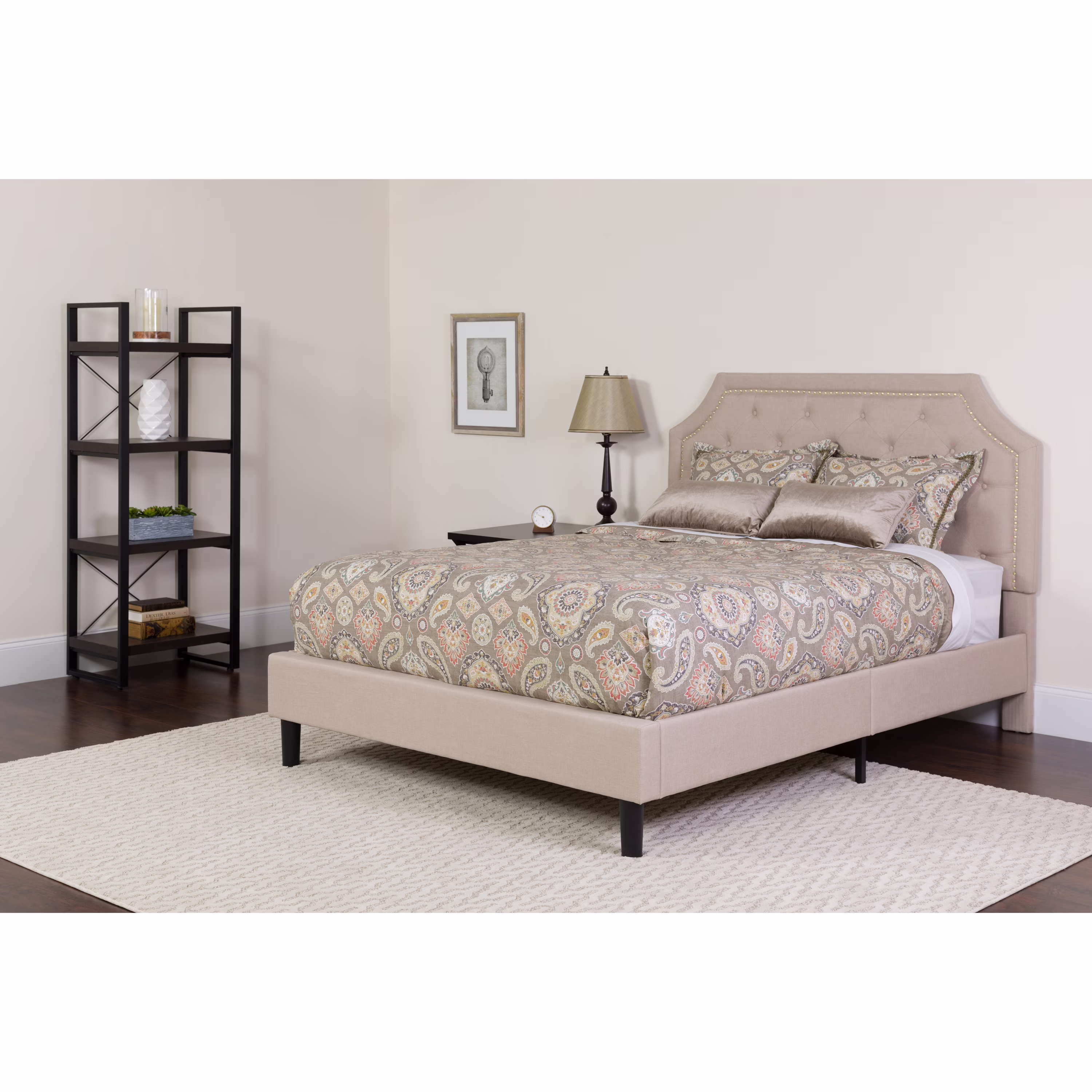 BizChair King Size Arched Tufted Upholstered Platform Bed in Beige Fabric with Pocket Spring Mattress