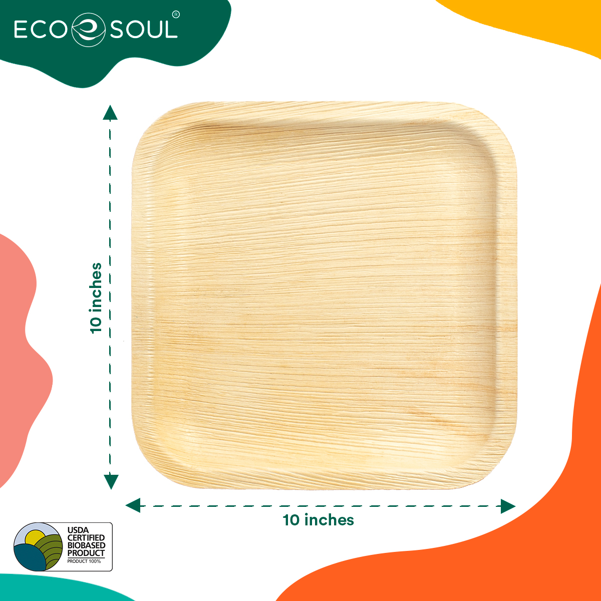 ECO SOUL 10 Inch Square Palm Leaf Plates, 20 Count
