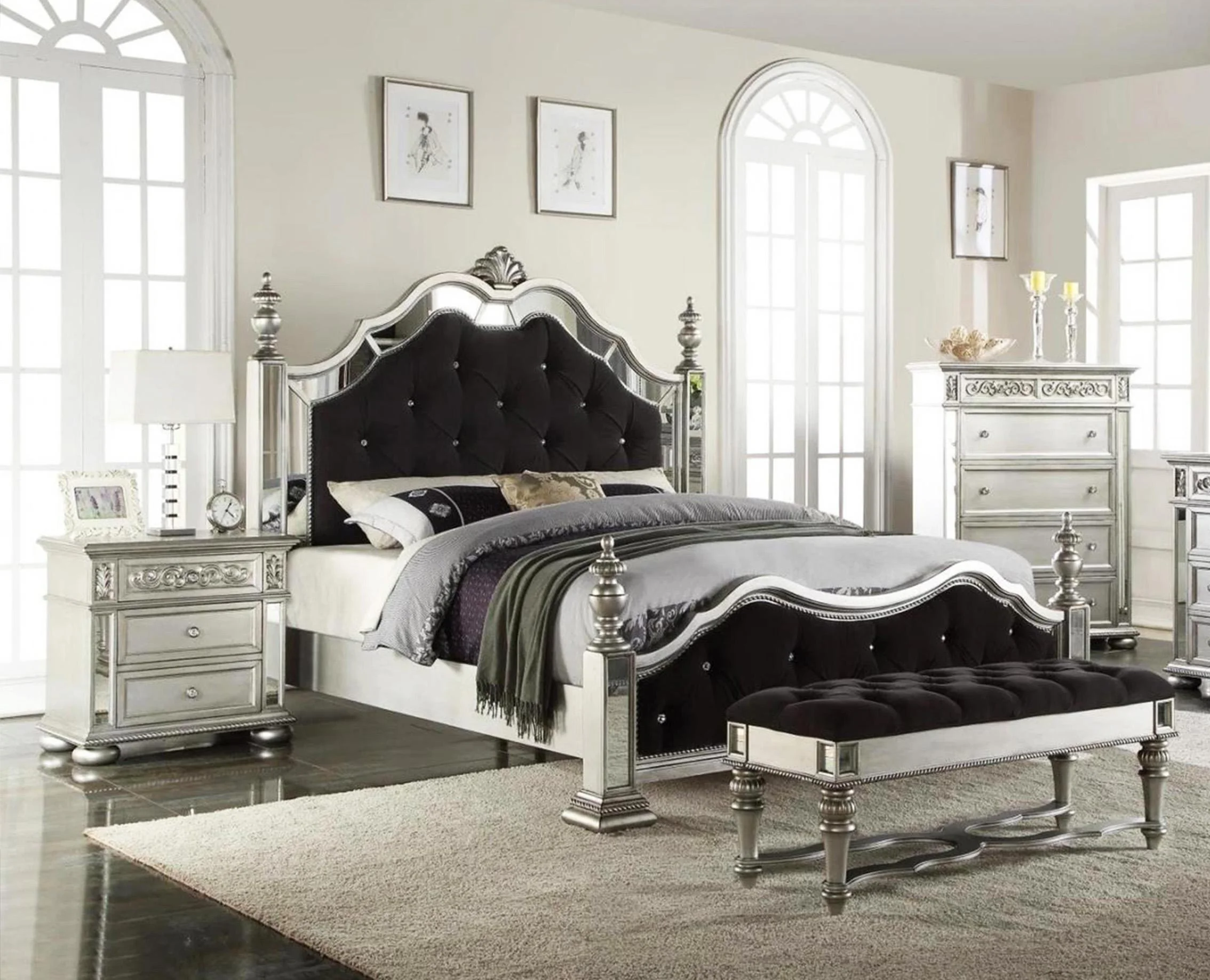 Glam Black Silver & Mirror Queen Poster Bedroom Set 3Pcs McFerran B1722 Modern