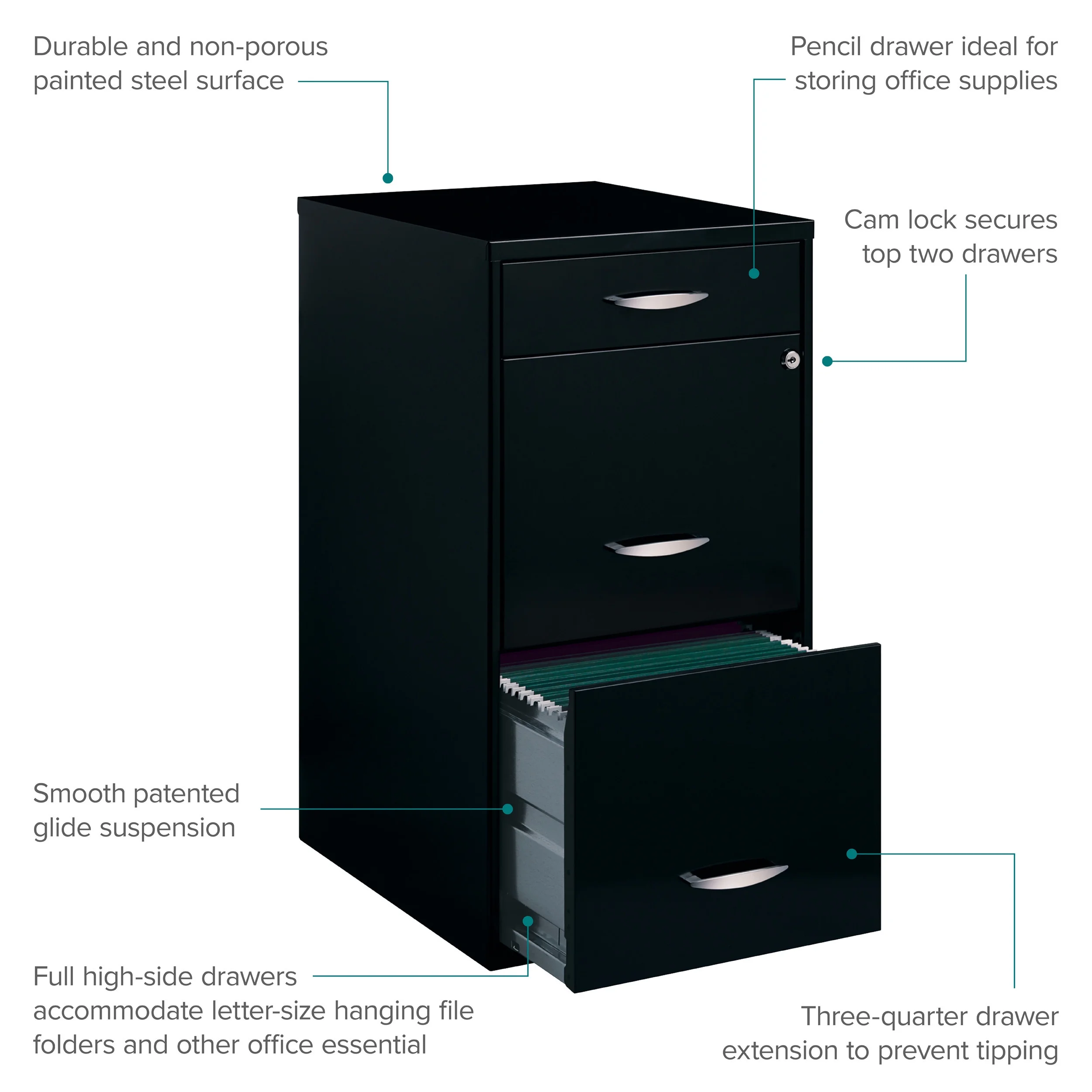 Space Solutions 3 Drawer Letter Width Vertical File Cabinet with Pencil Drawer, Black