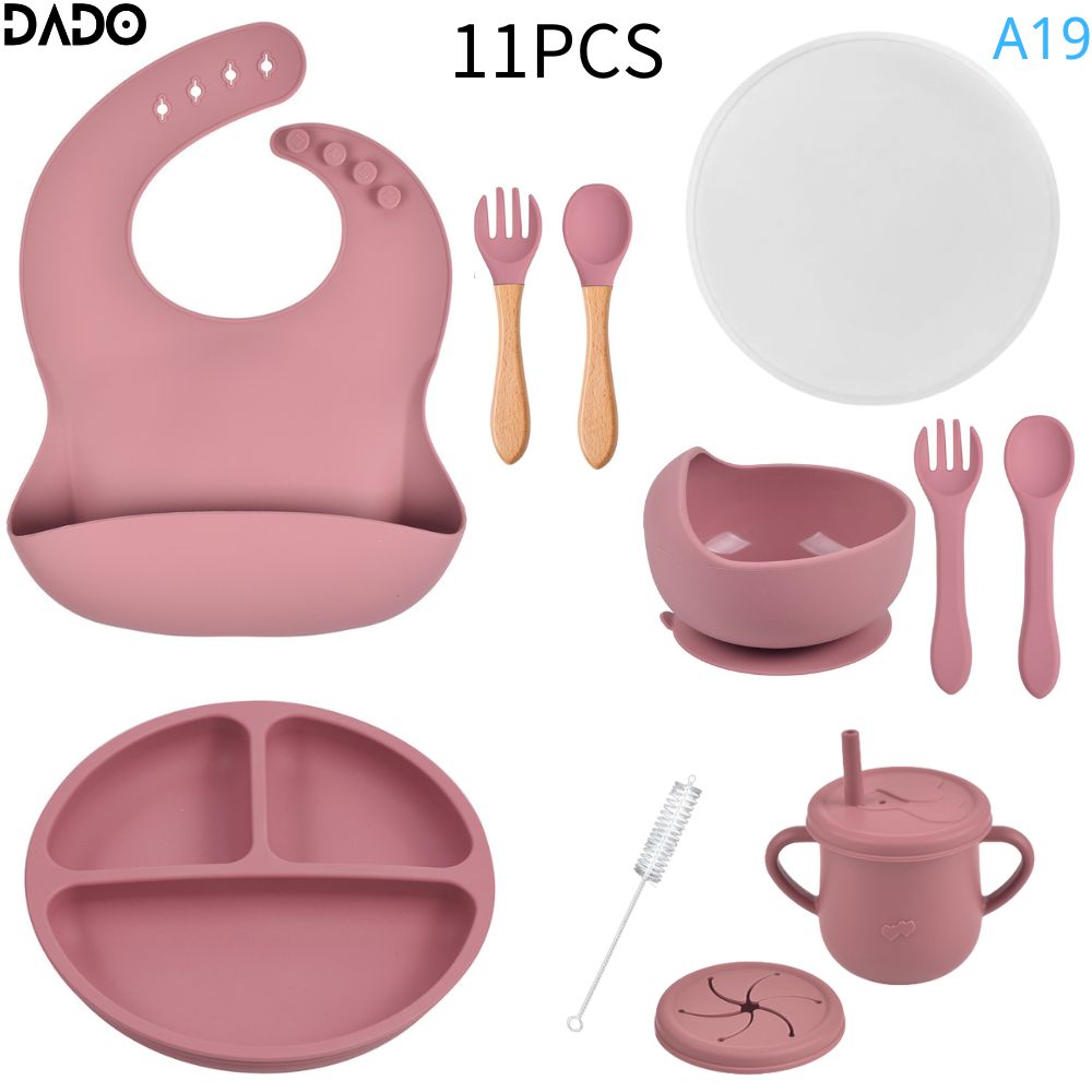 Baby Led Weaning Supplies Silicone Dishes Feeding Set Suction Cup Bowl Divided Plate Toddler Kids Eating Kit Tableware with Lid