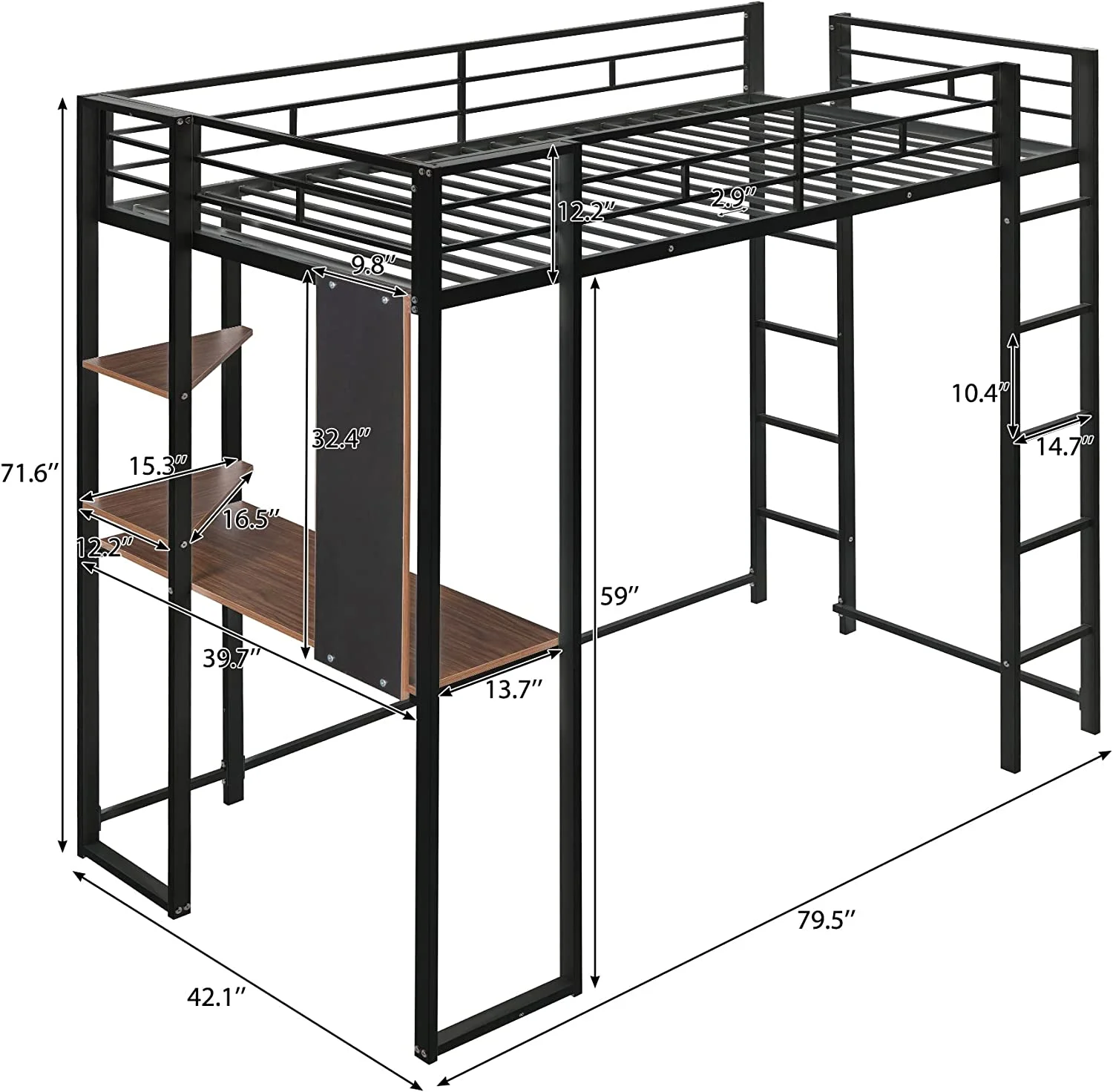 Metal High Loft Bed With Desk And Shelves, Industrial High Loft Bed For Adults