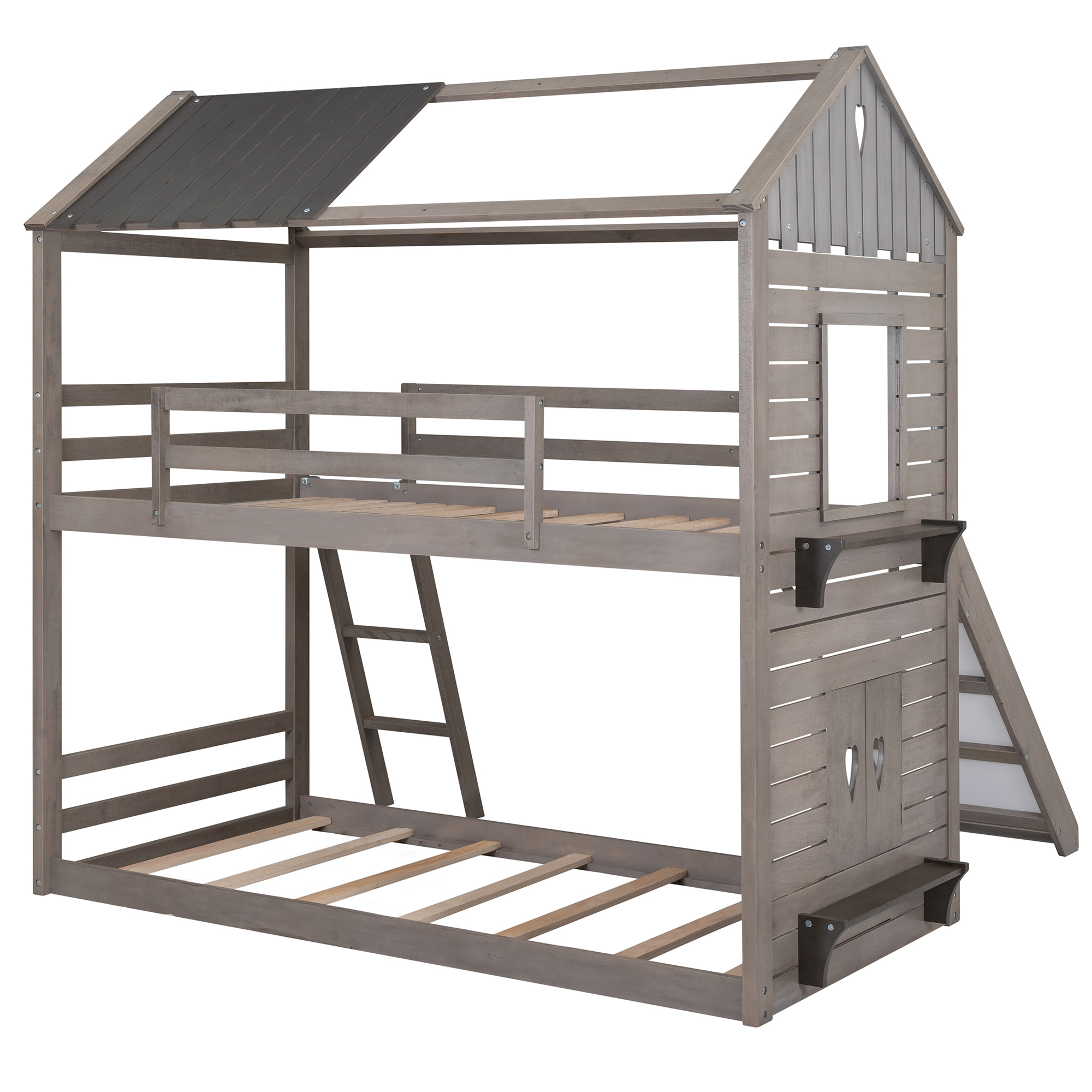 CoSoTower Twin Over Twin Bunk Bed Wood Bed With Roof, Window, Slide, Ladder, Antique Gray