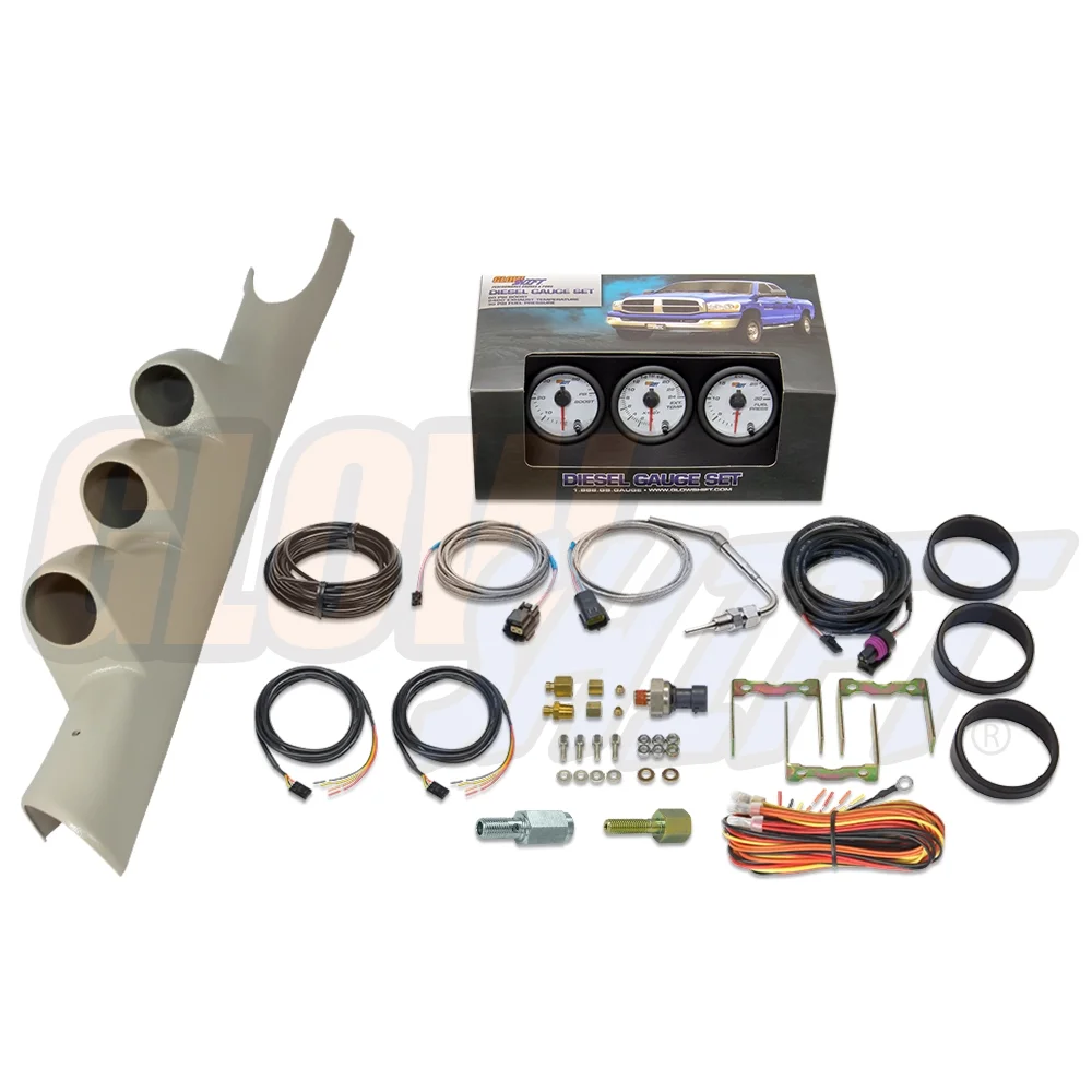 GlowShift 2003-2009 Dodge Ram Cummins Taupe Triple Gauge Package with White 7 Color DS20 Gauge Set