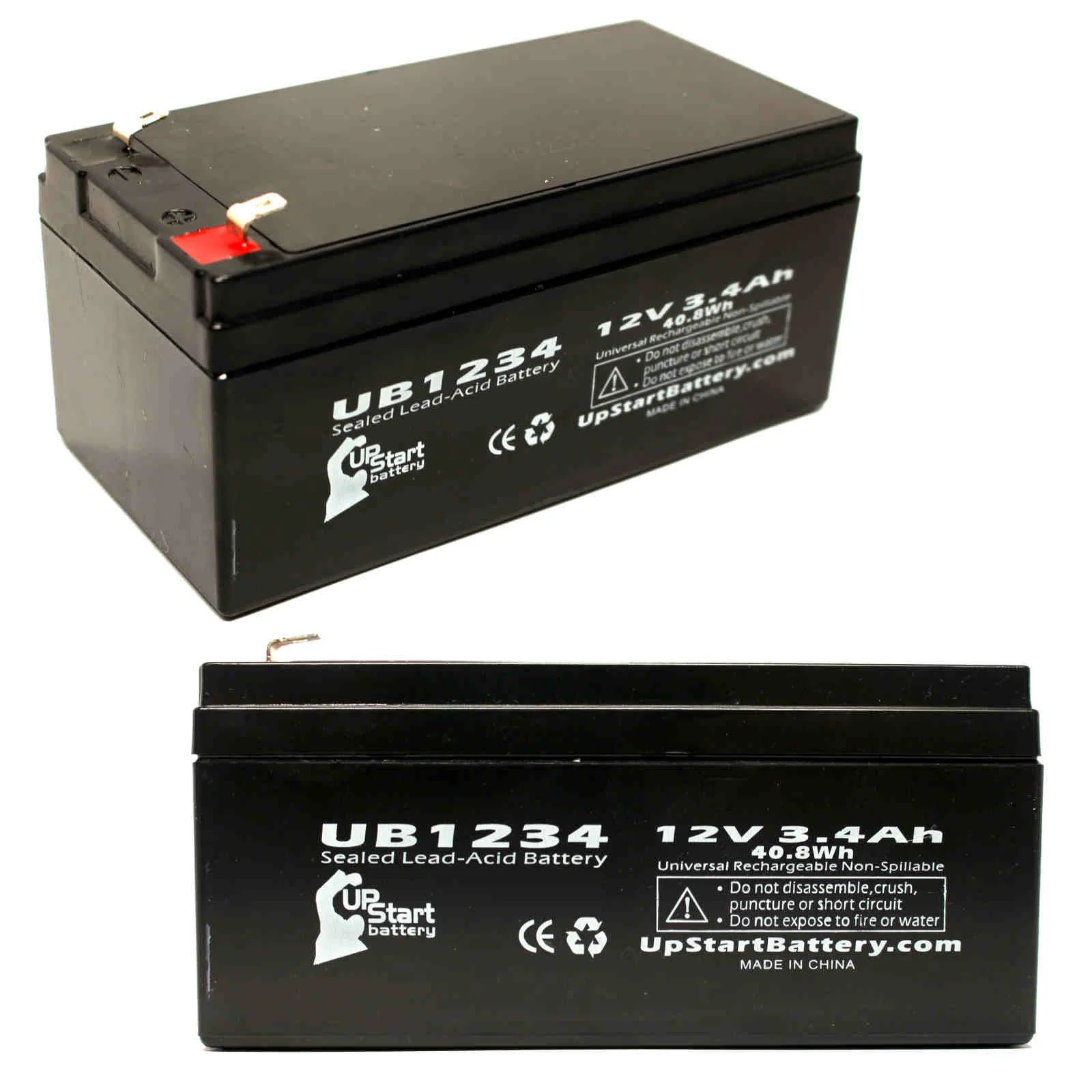 2x Pack - Compatible Batteries Plus XP1233 Battery - Replacement UB1234 Universal Sealed Lead Acid Battery (12V, 3.4Ah, 3400mAh, F1 Terminal, AGM, SLA) - Includes 4 F1 to F2 Terminal Adapters