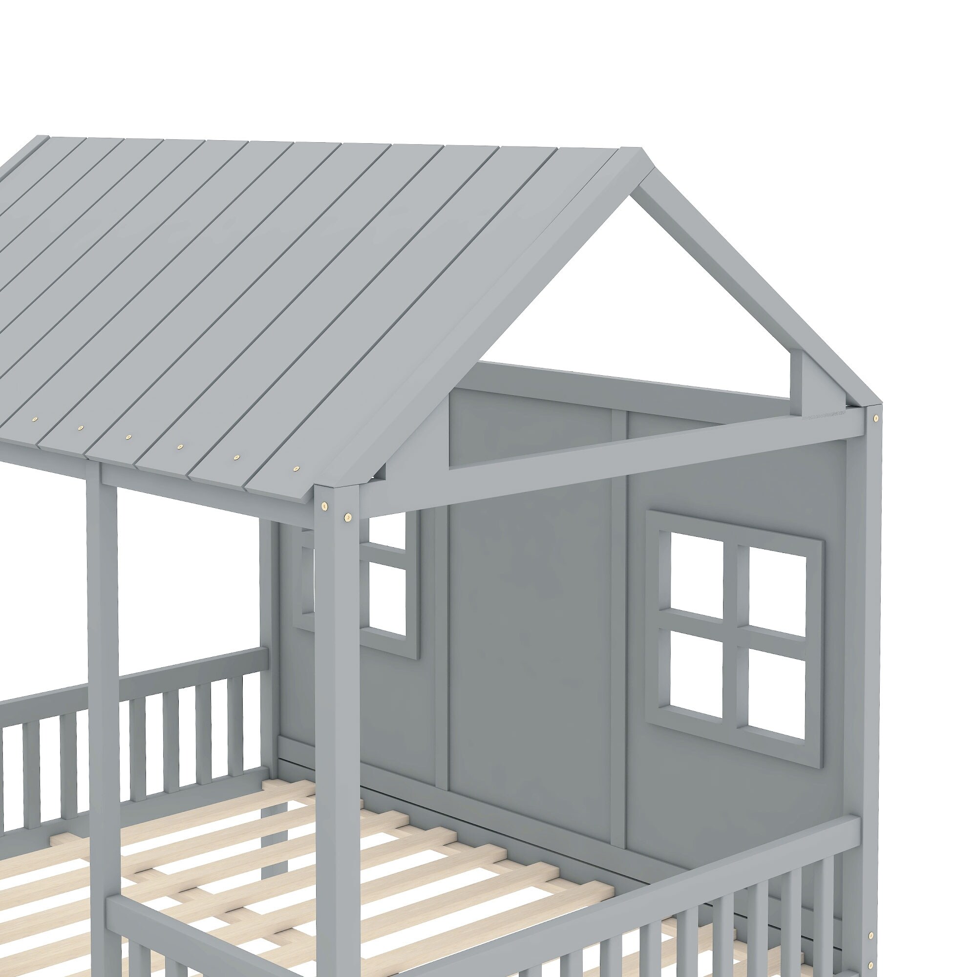 Wooden House Daybed with Twin Trundle, Roof & Windows Design Grey - Full