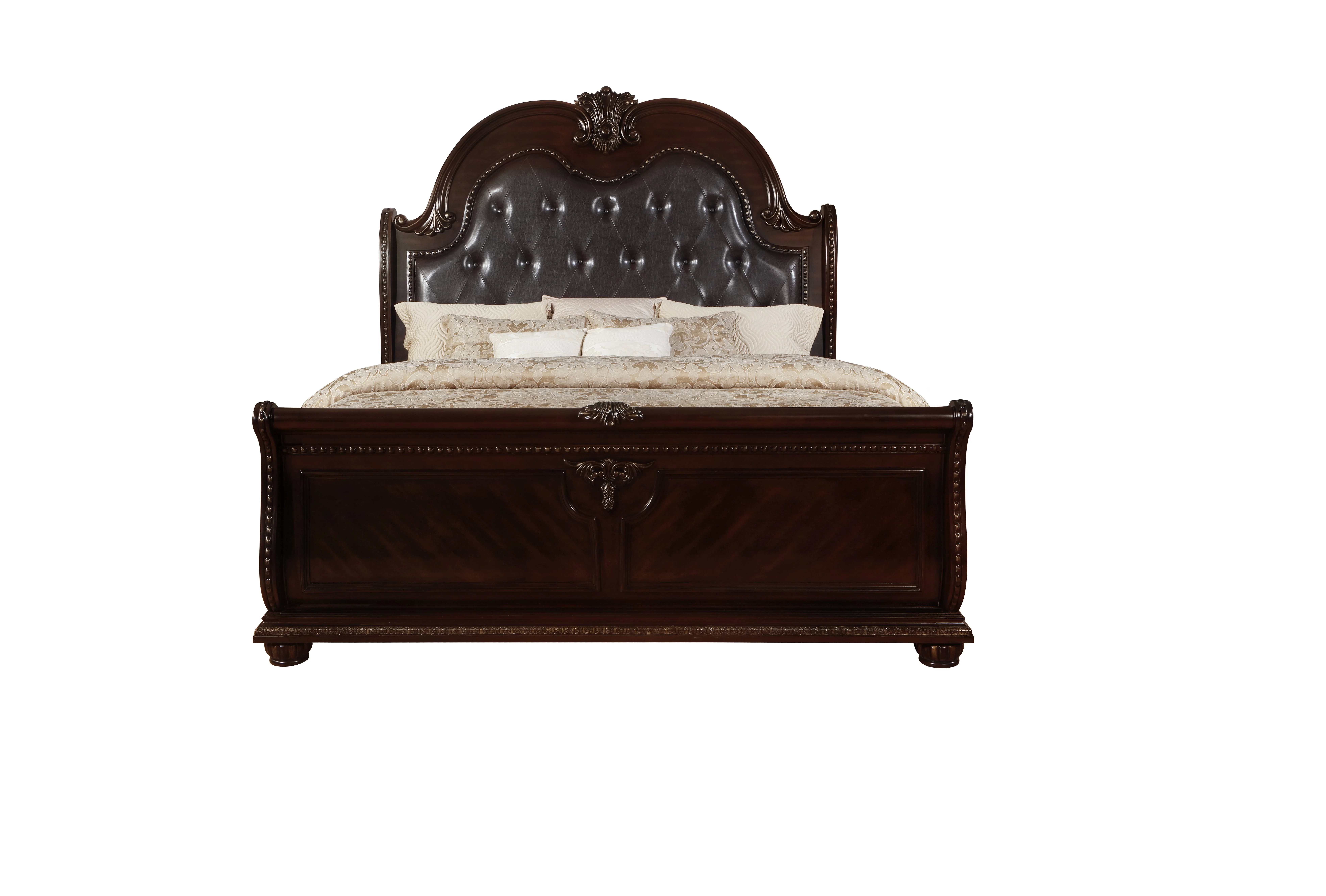 Traditional Formal 1pc Queen Size Faux Leather Upholstery Panel Bed Cherry Finish Marble Top Solid Wood Furniture