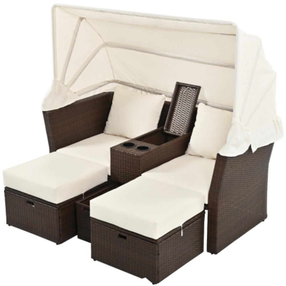 2-Seater Outdoor Patio Daybed Outdoor Double Daybed Outdoor Loveseat Sofa Set with Foldable Awning and Cushions for Garden, Balcony, Poolside  Beige + Rattan+Waterproof Fabric+Metal + Foam