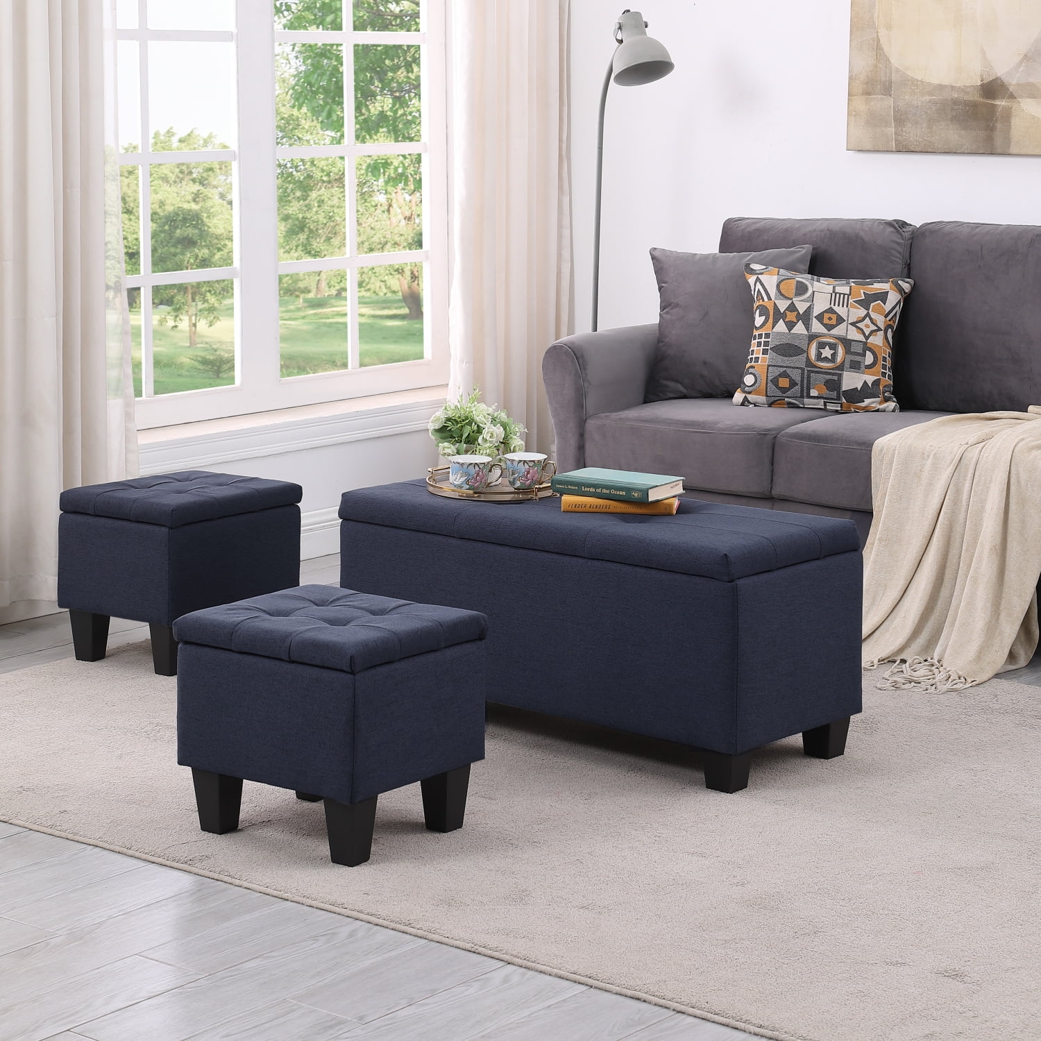 Holaki 3 in 1 Large Storage Ottoman Bench Set, Combination Tufted Ottoman Linen Bench for Living Room, Entryway, Hallway, Bedroom, Dark Blue