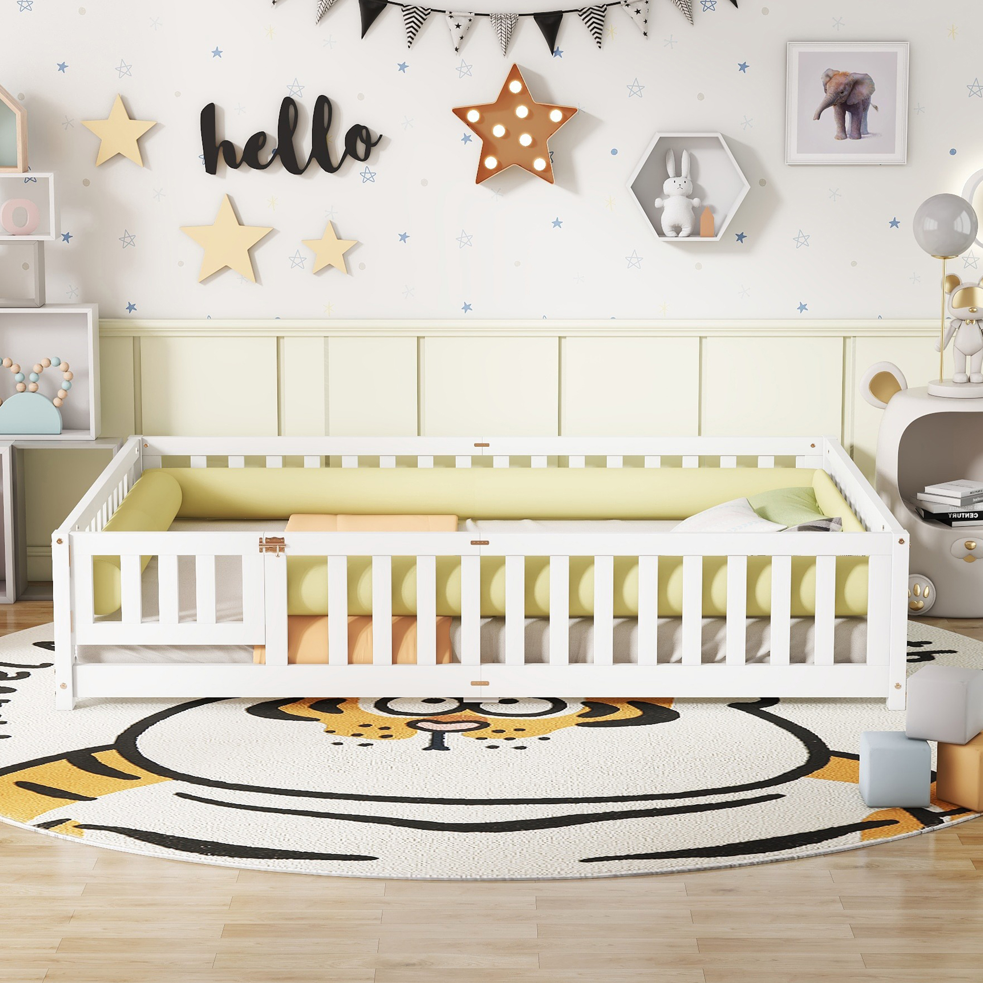 CoSoTower Queen Size Bed Floor Bed with Safety Guardrails and Door for Kids, White (Expect Arrival Date Nov.2Nd)