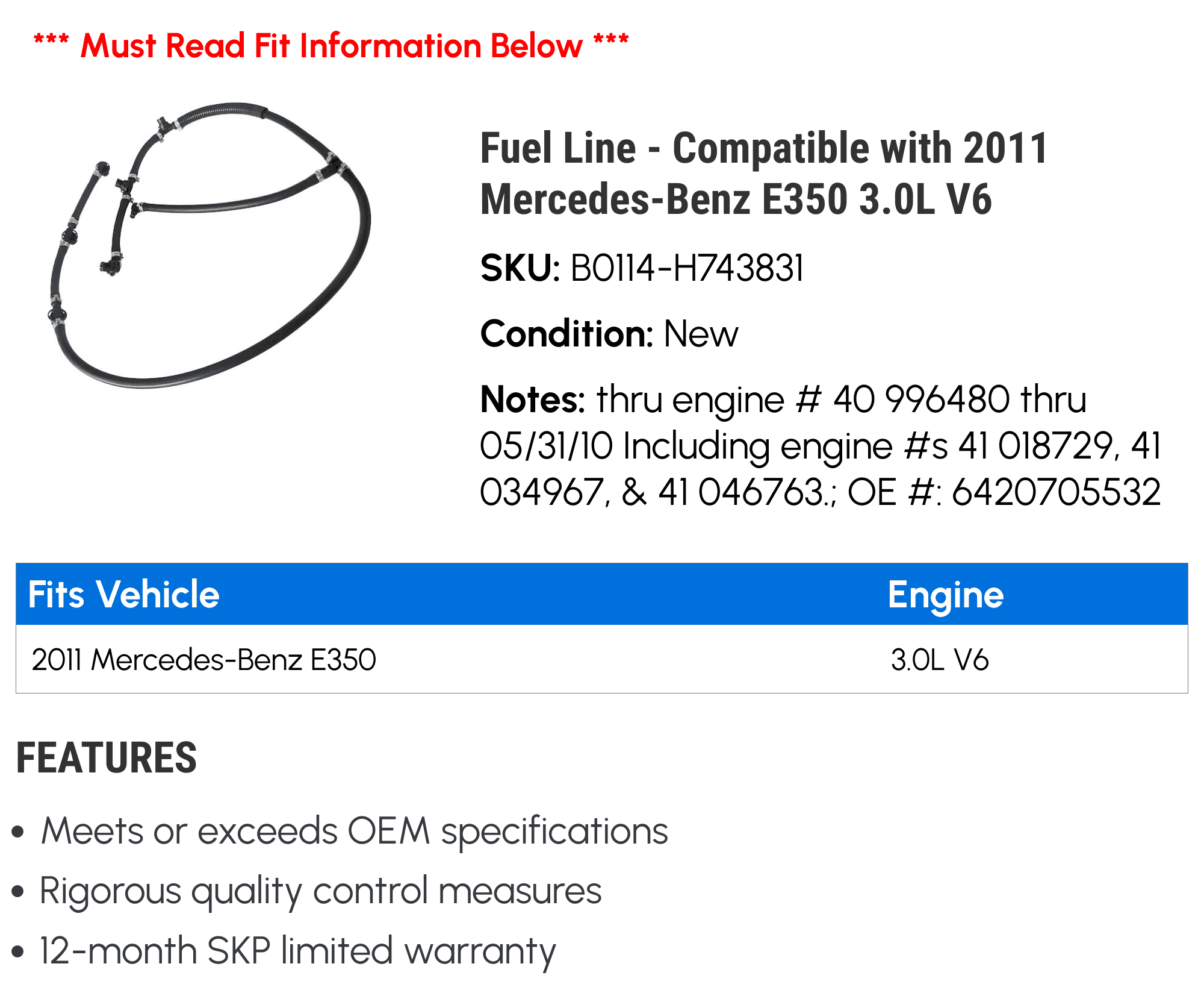 Fuel Line - Compatible with 2011 Mercedes-Benz E350 3.0L V6