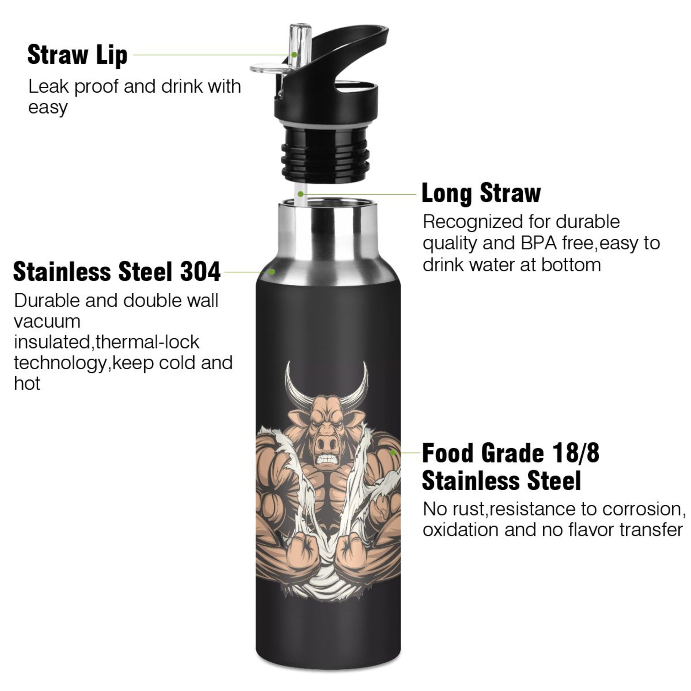 Water Bottle with Straw Lid Leak Bull Stainless Steel Insulated Thermos Vacuum Flask for Cold Hot Drinking for Sports Camping Gym Yoga