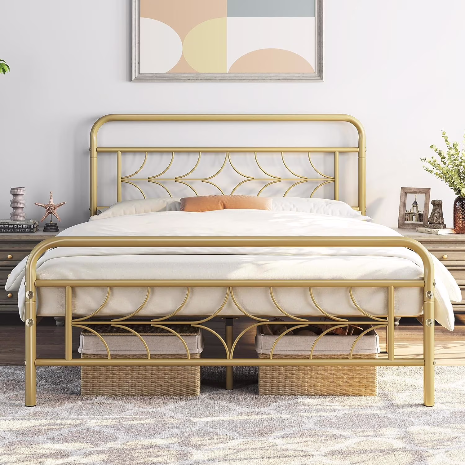 Queen Size Bed Frame Metal Platform Bed with Sparkling Star-Inspired Design Headboard, 13 Inch Underbed Storage, No Box Spring Needed, Easy Assembly, Modern, Antique Gold