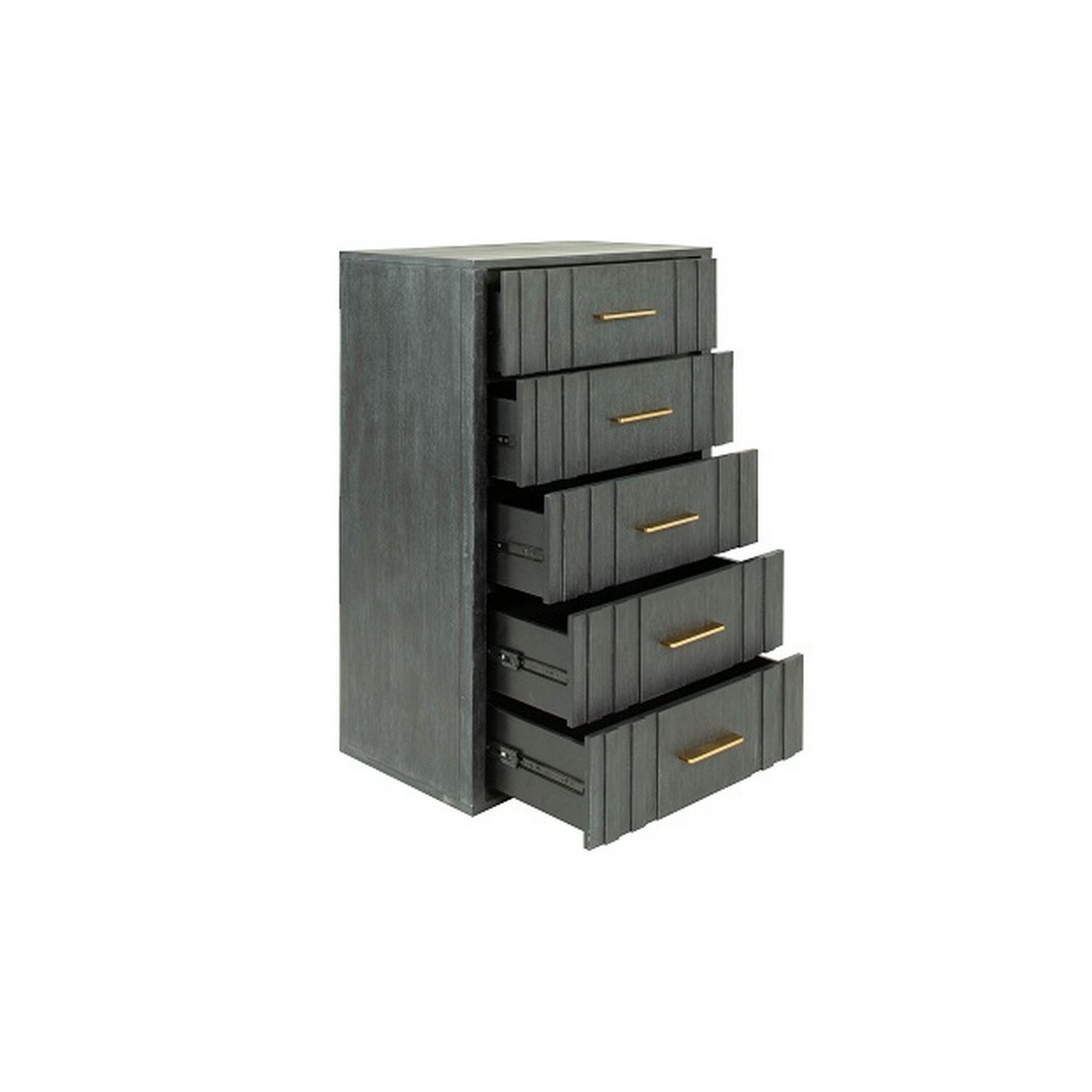 Benjara  44 in. Cid Lime Tall Dresser Chest with 5 Gliding Drawers, Gray & Brass Gold