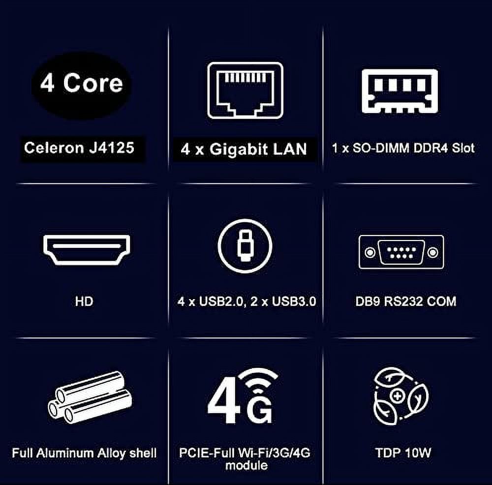 EGSMTPC Router PC,Celeron J4125, 4 xGiga LAN, 2 USB3.0, 4 USB2.0, COM/RS232, HDMI, Fanless,Mini Firewall Appliance Firewall PC (4G RAM 32G SSD WiFi, Celeron J4125)