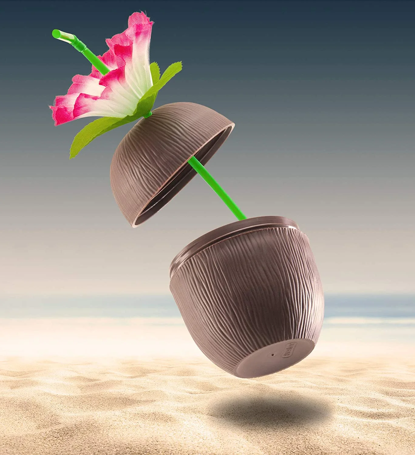 Prextex 18 Pack Mini Coconut Cups for Hawaiian Luau Kids Party with Hibiscus Flower Straws - Tiki and Beach Theme Party Fun Drink or Decoration Cups (250ml, 8.45oz)