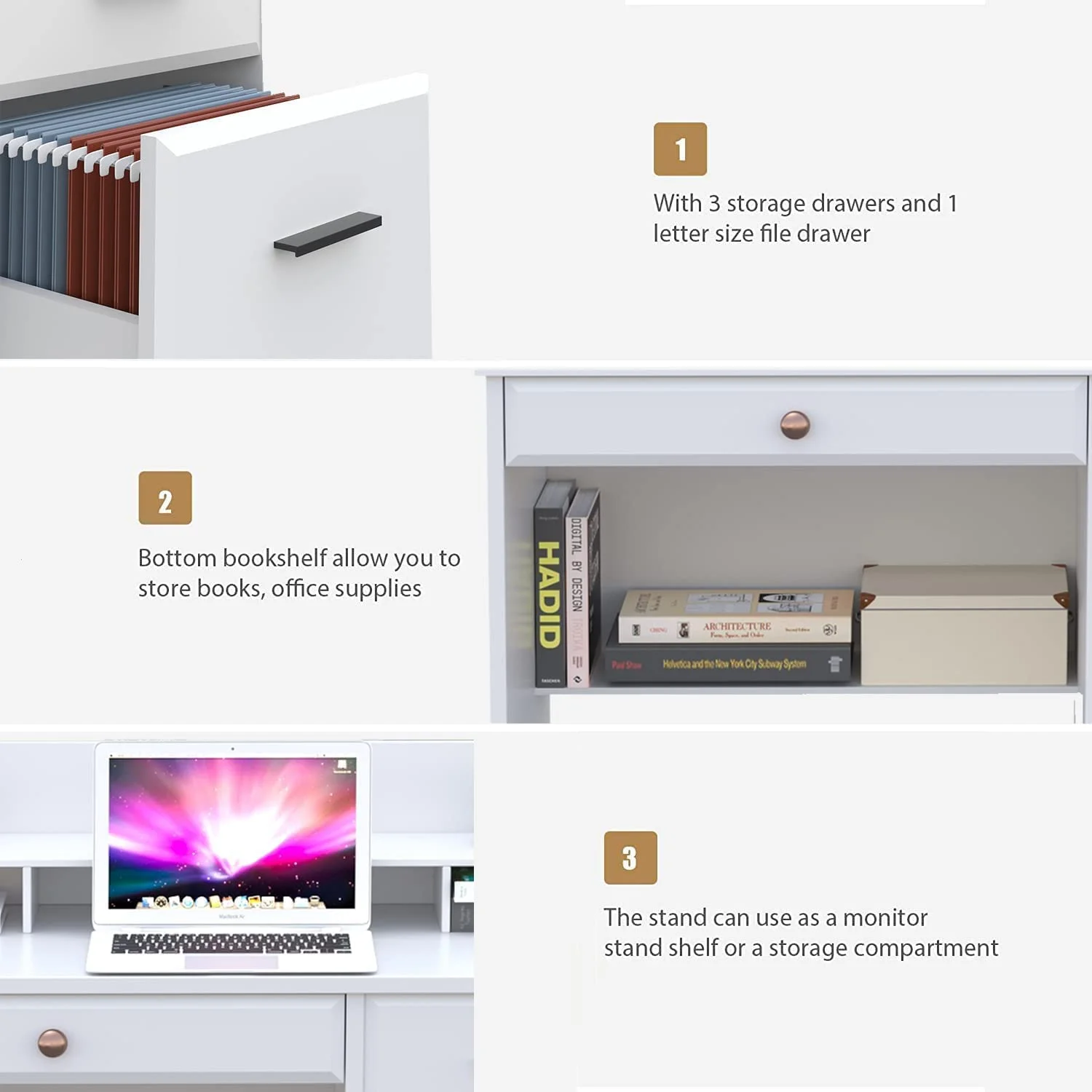Computer Desk with Drawers, White Home Office Desk with Hutch, PC Desk Writing Table with Storage for Small Spaces, White