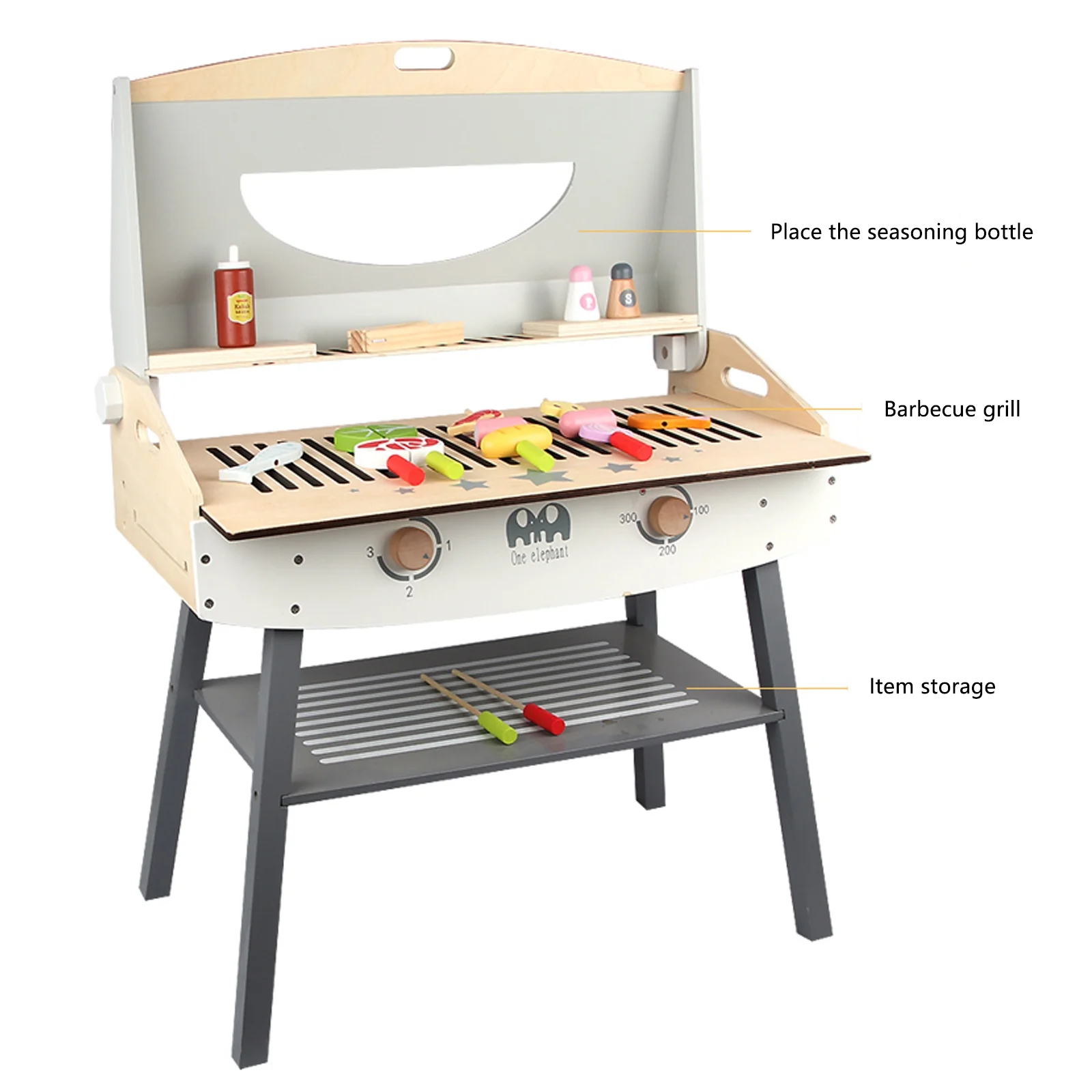 Woodenfun Wooden Pretend Barbecue Grill Play Set, Play Kitchen Set Cooking Gift for 3 4 5 Year Old Kids