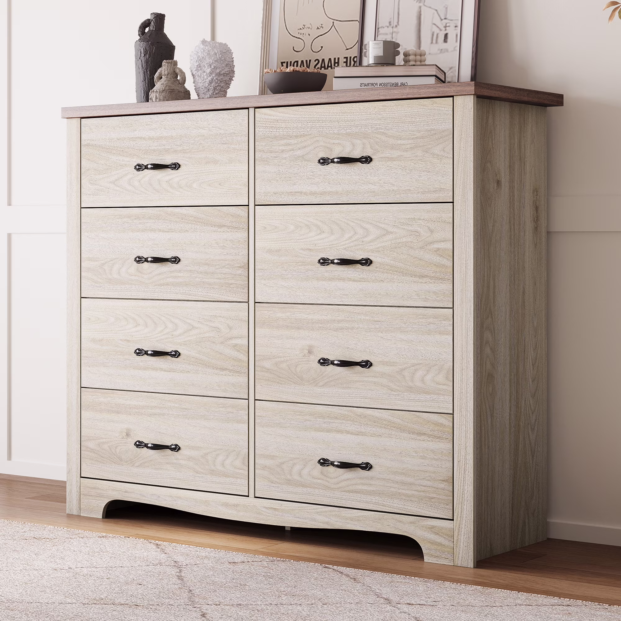 Linsy Home 8 Drawer Oak White Double Dresser, Wood Storage Cabinet with Easy Pull Out Handles for Living Room, Chest of Drawers for Bedroom